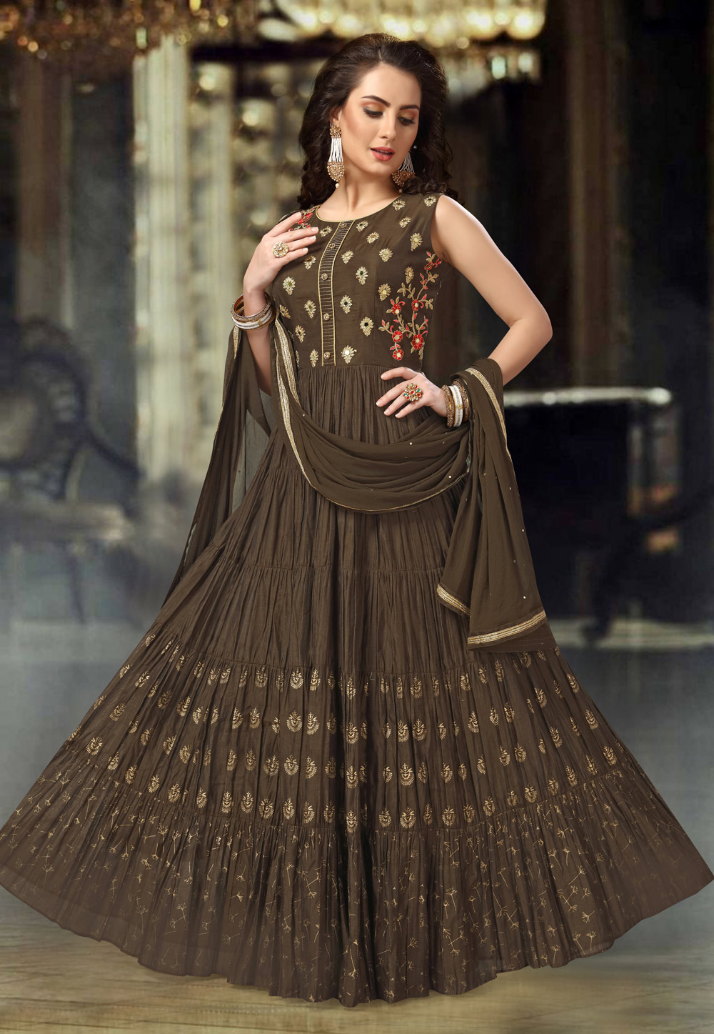 Brown Chanderi Silk Readymade Floor Length Anarkali Suit 206896