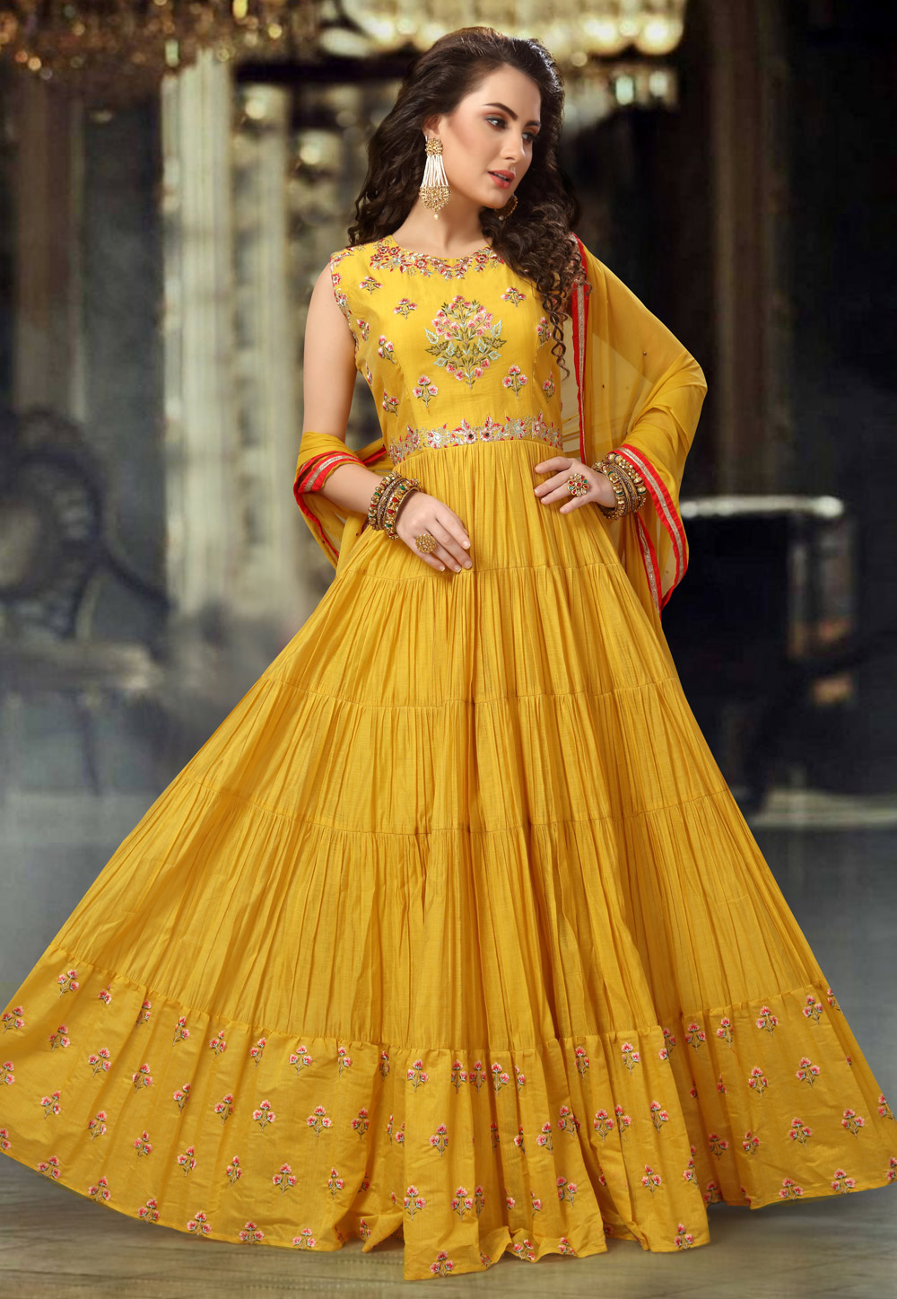 Yellow Chanderi Silk Readymade Floor Length Anarkali Suit 206899