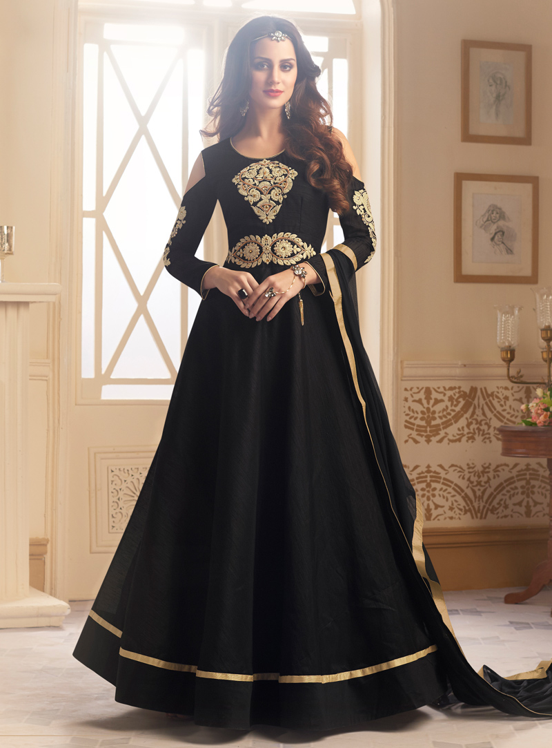 Black Taffeta Silk Readymade Long Anarkali Suit 115782