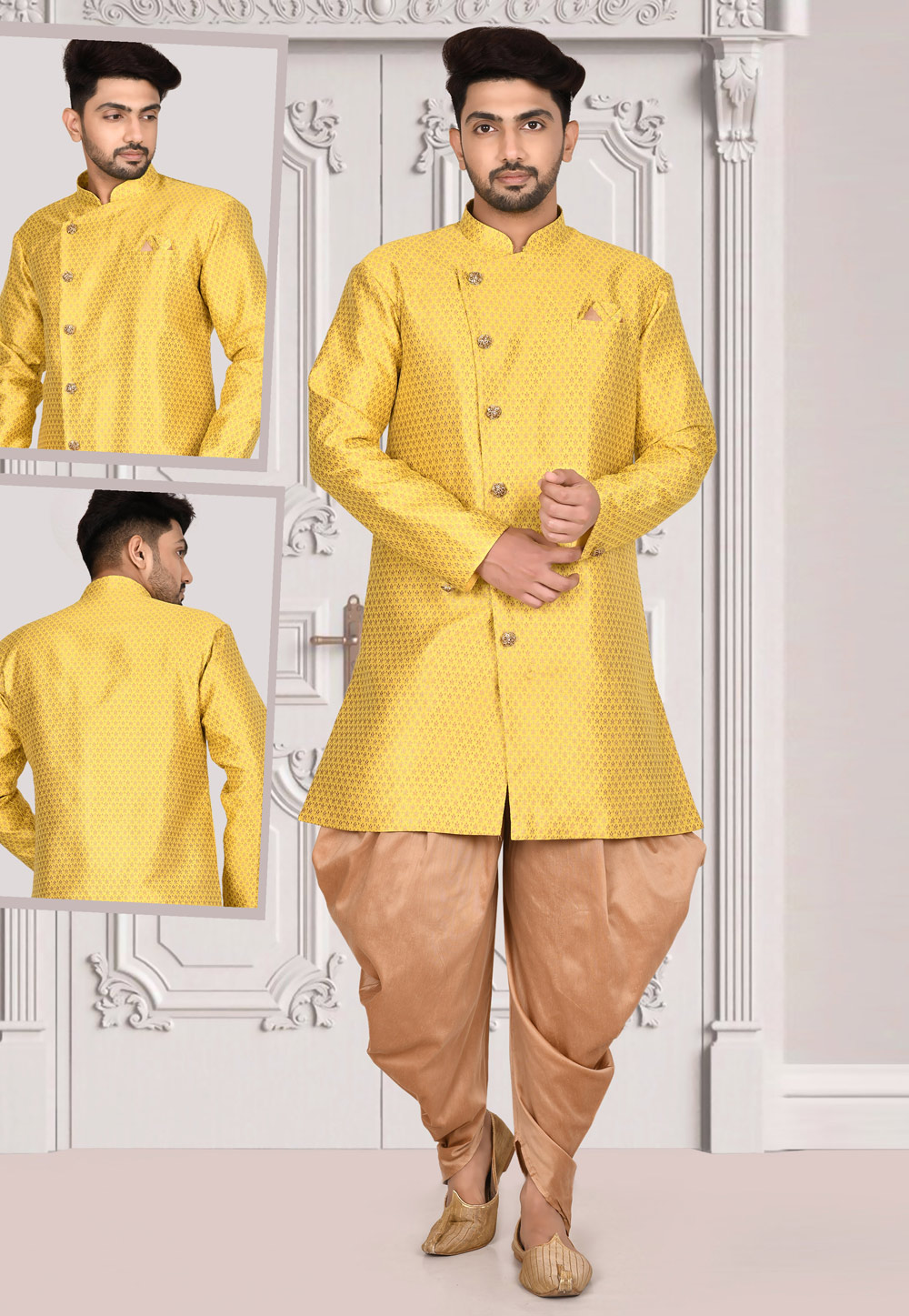 Yellow Jacquard Indo Western Suit 243855