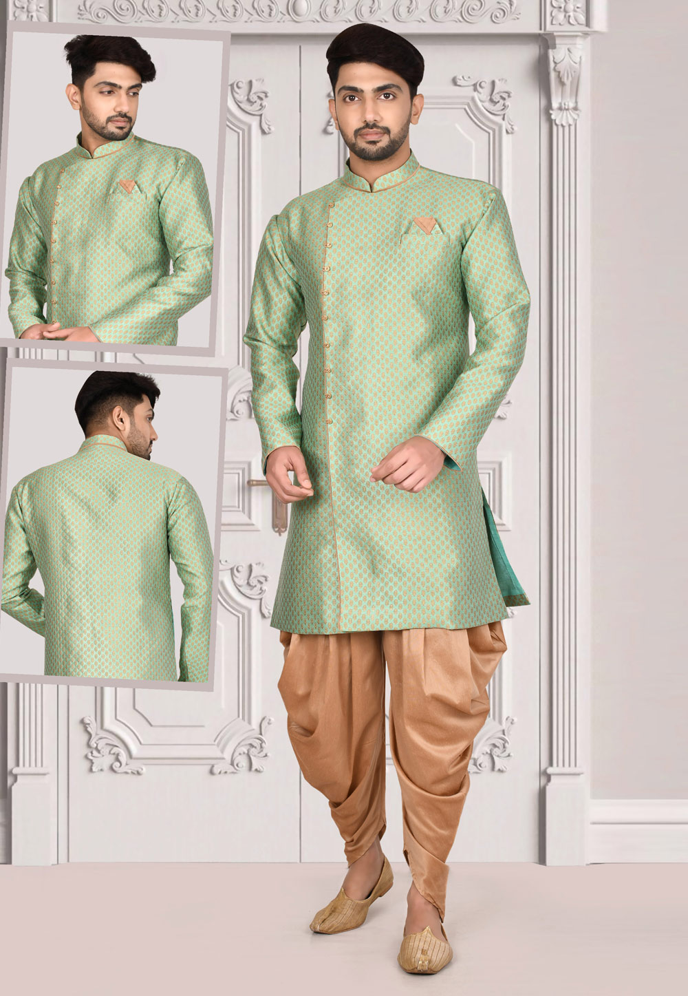 Pista Green Jacquard Indo Western Suit 243858