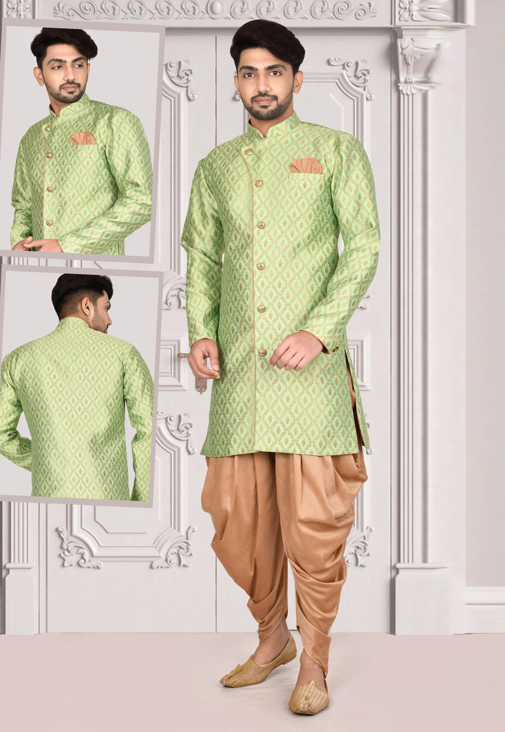 Light Green Jacquard Indo Western Suit 243860
