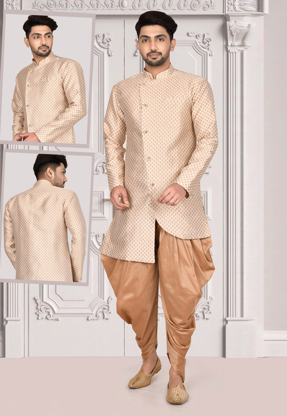 Cream Jacquard Indo Western Suit 243861