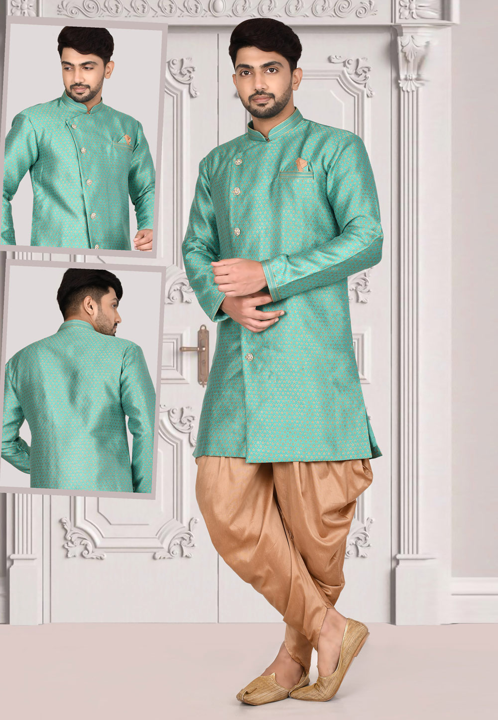 Sea Green Jacquard Indo Western Suit 243862
