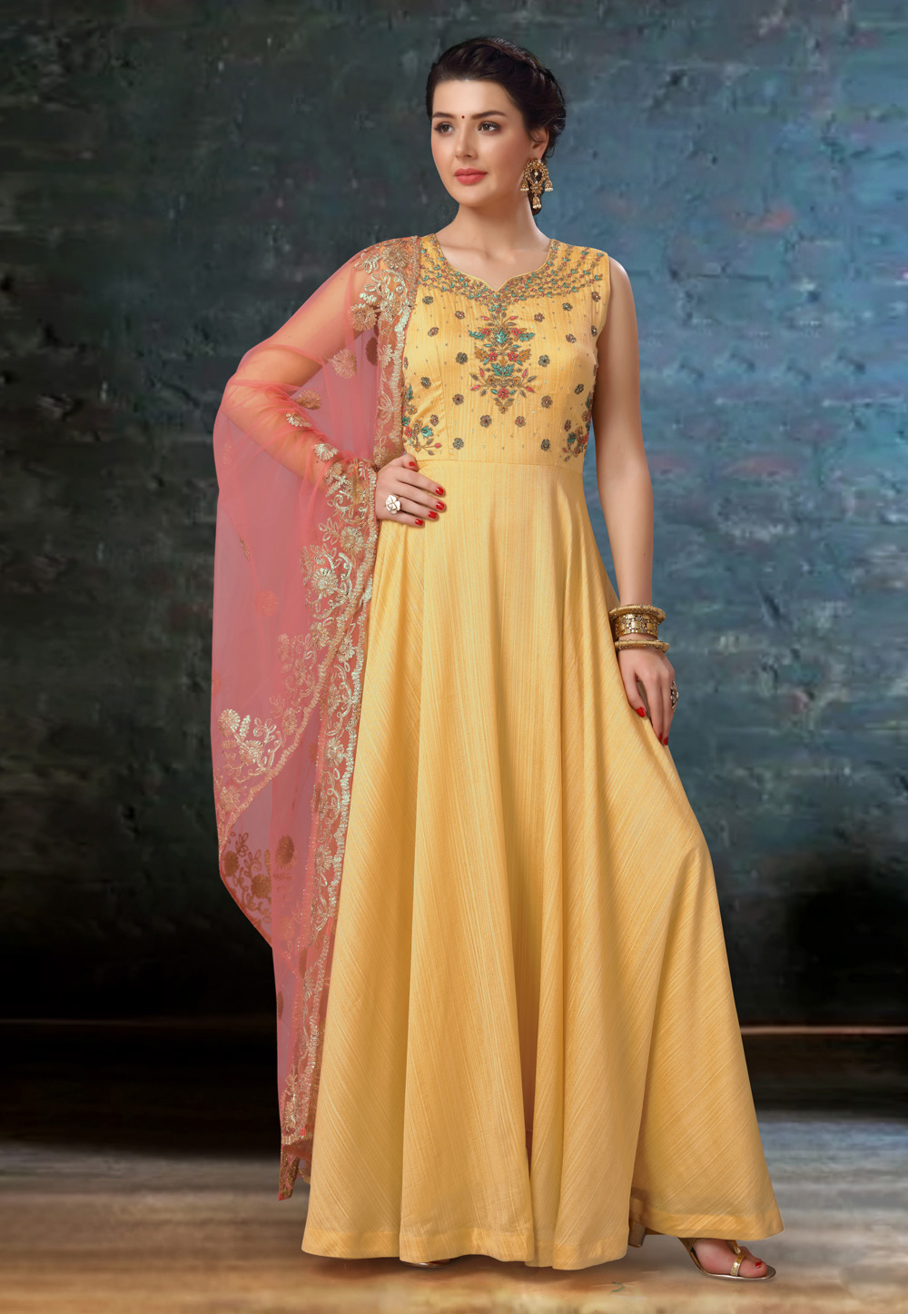 Yellow Silk Readymade Abaya Style Anarkali Suit 206903