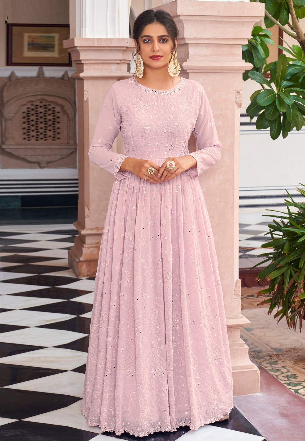 Light Pink Georgette Abaya Style Anarkali Suit 249586