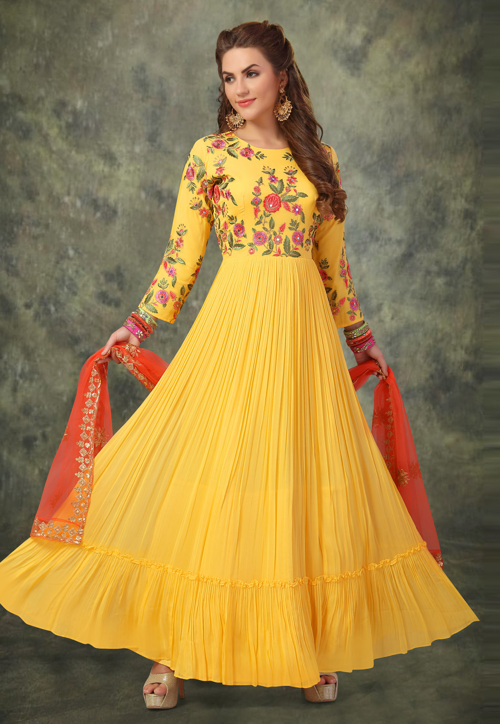 Yellow Georgette Readymade Ankle Length Anarkali Suit 206904