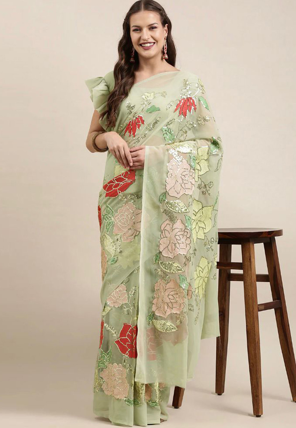 Pista Green Georgette Saree With Blouse 243928