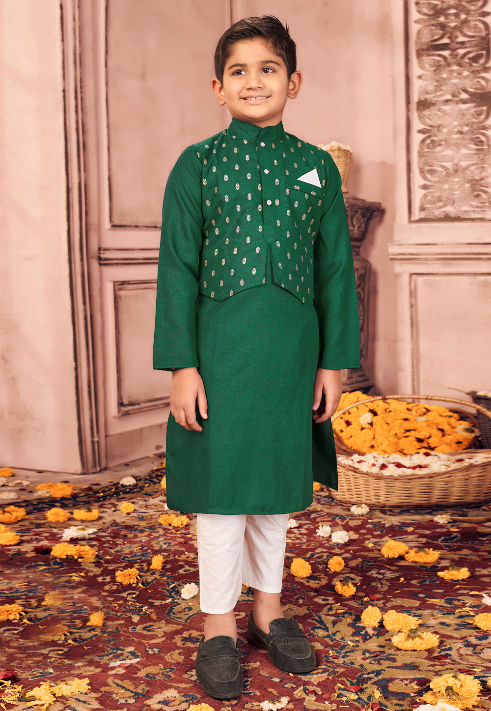 Green Cotton Kids Kurta Pajama With Jacket 243968