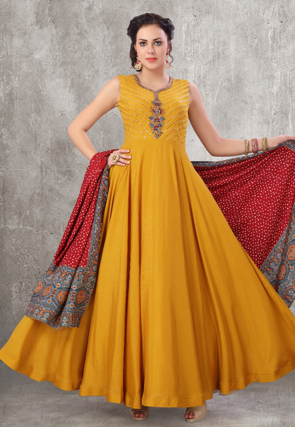 Mustard Chinon Readymade Ankle Length Anarkali Suit 206906