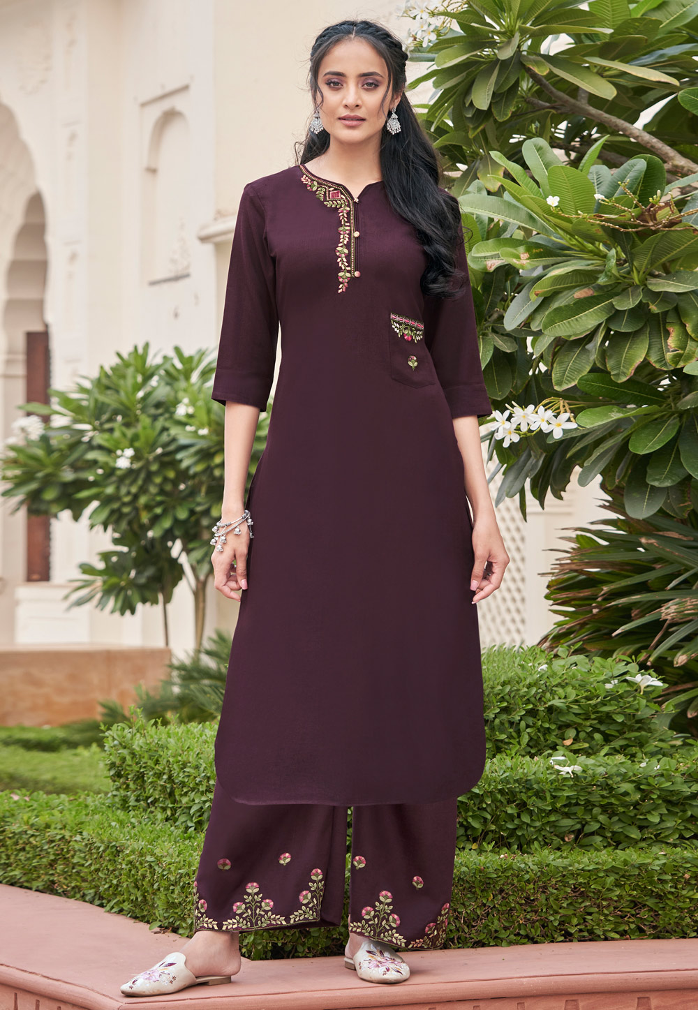 Purple Rayon Kurta Set With Palazzo 218915