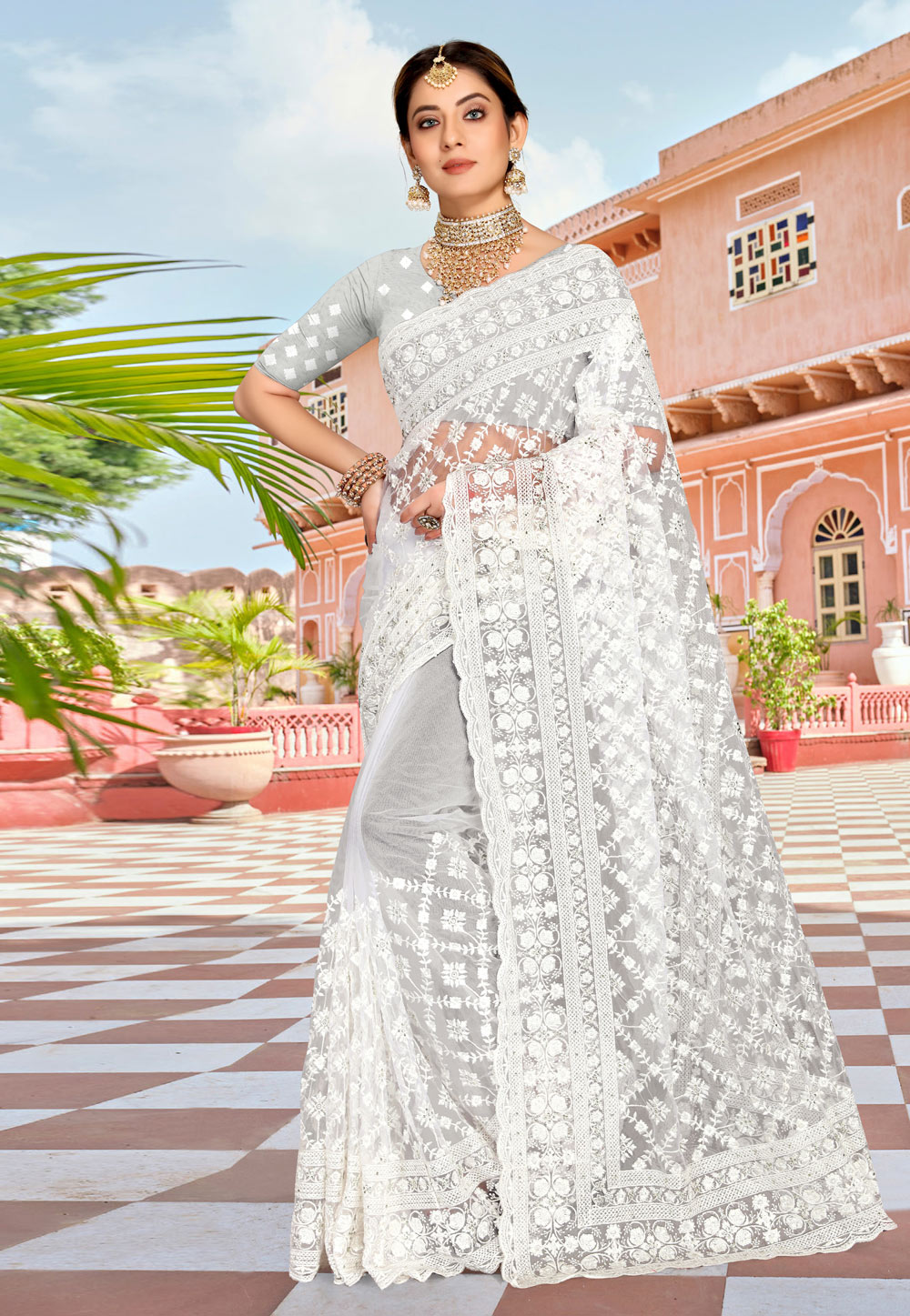 Off White Net Saree With Blouse 250348