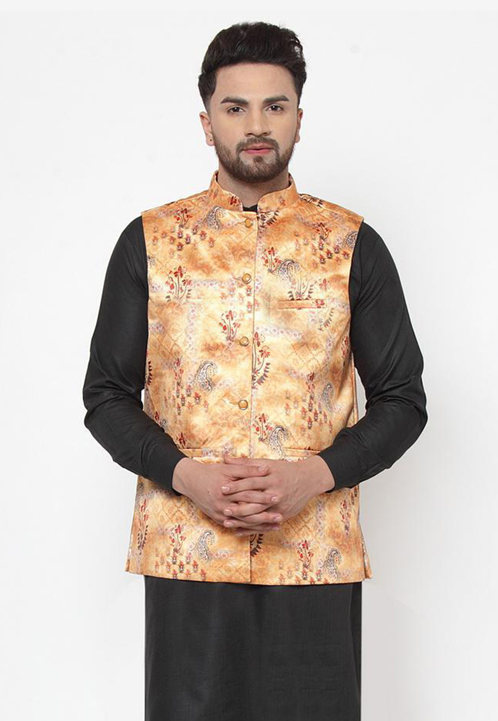 Orange Cotton Satin Printed Nehru Jacket 216270