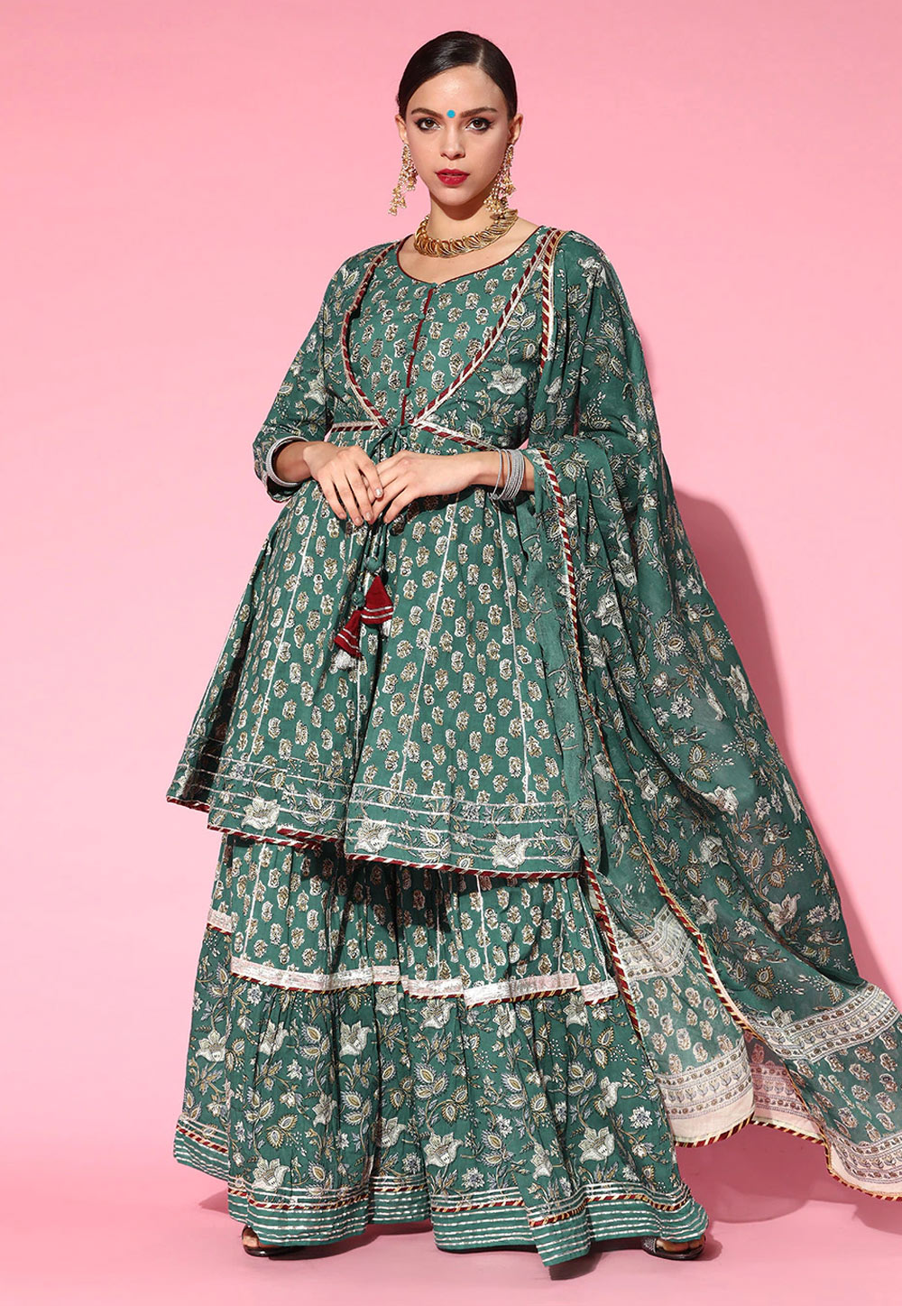 Green Cotton Readymade Printed Sharara Suit 243980