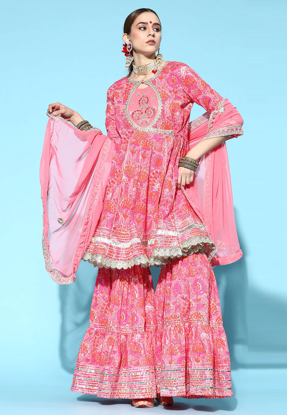 Pink Cotton Readymade Printed Sharara Suit 243981