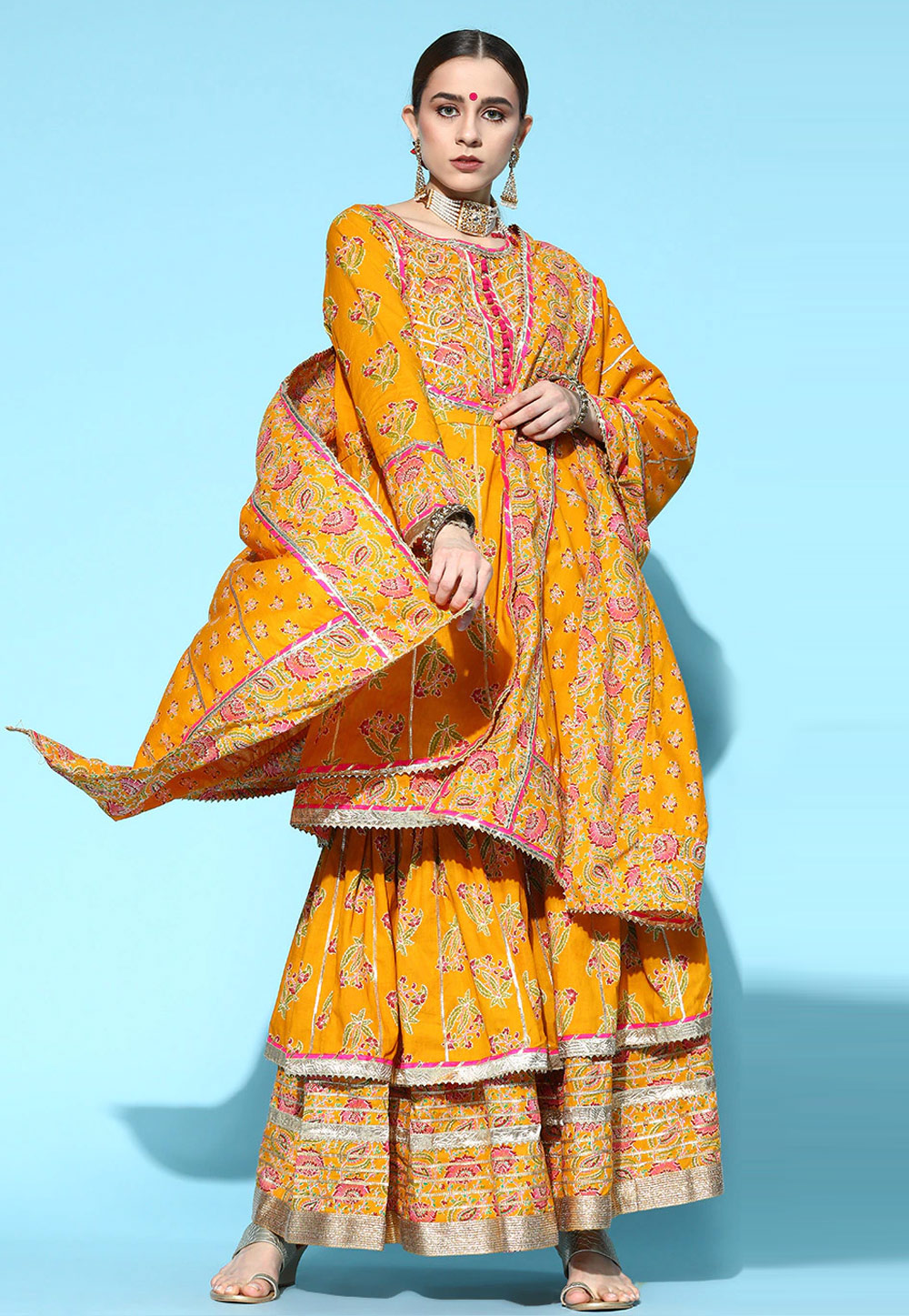 Mustard Cotton Readymade Printed Sharara Suit 243983