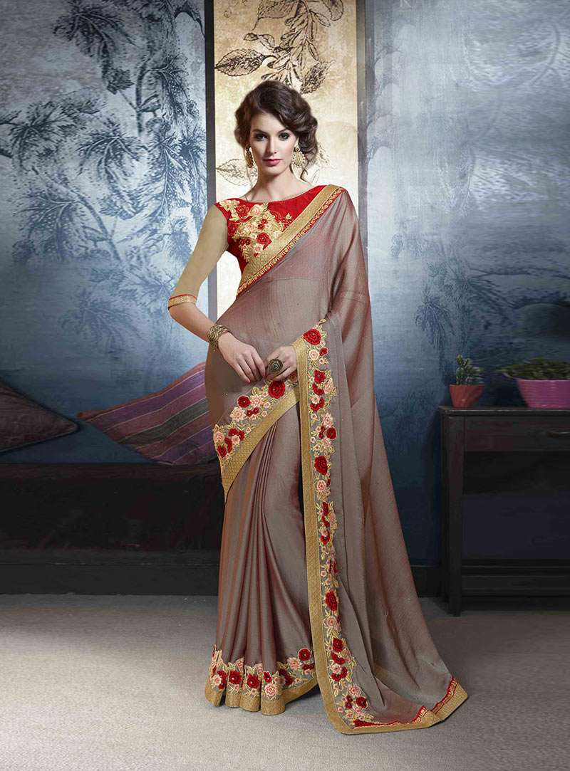 Light Brown Georgette Saree With Heavy Blouse 80910