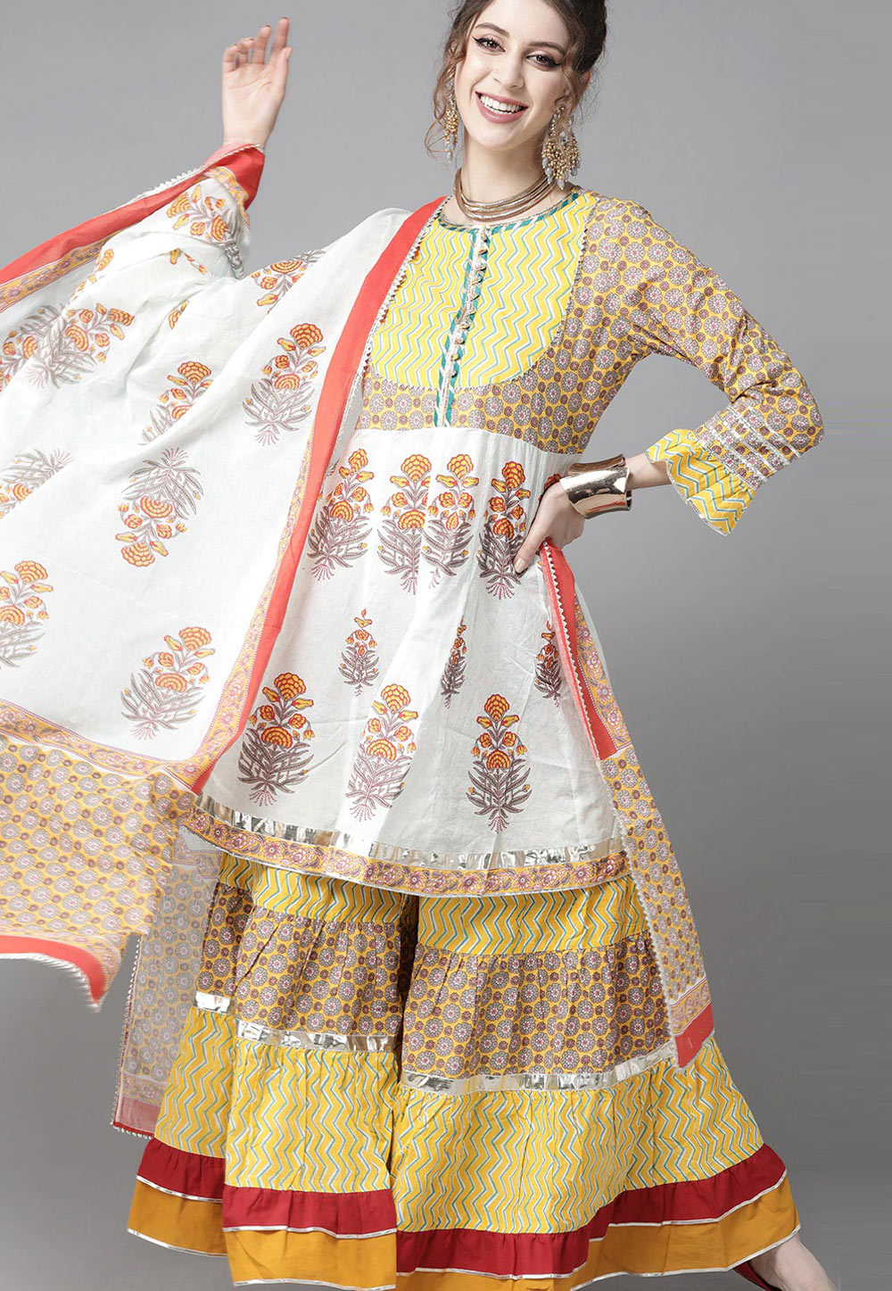 Yellow Cotton Readymade Printed Sharara Suit 243986