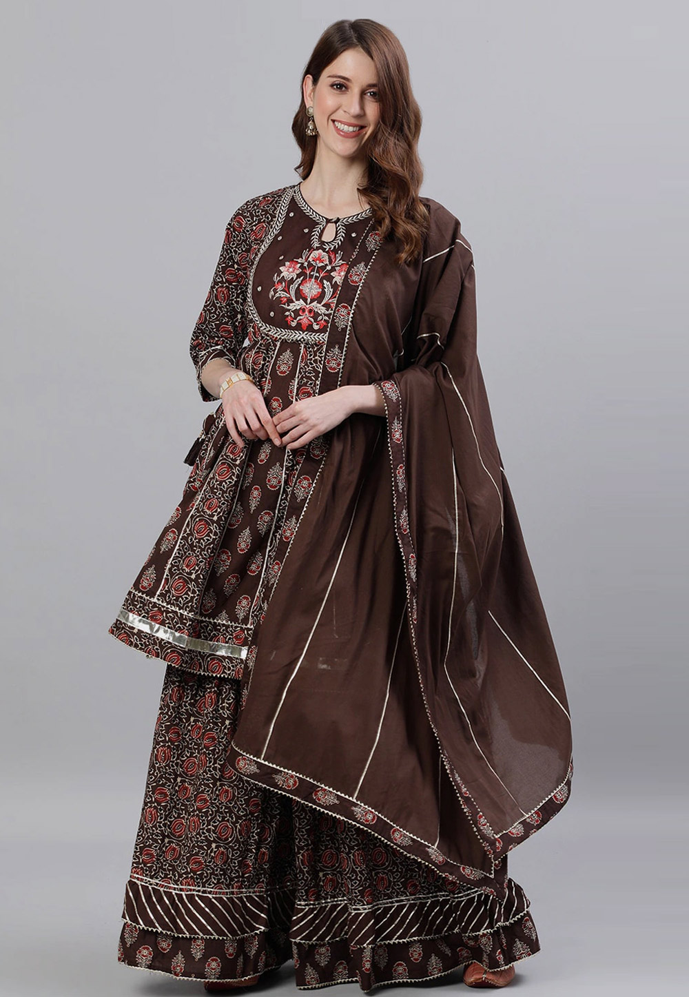 Brown Cotton Readymade Printed Sharara Suit 243988