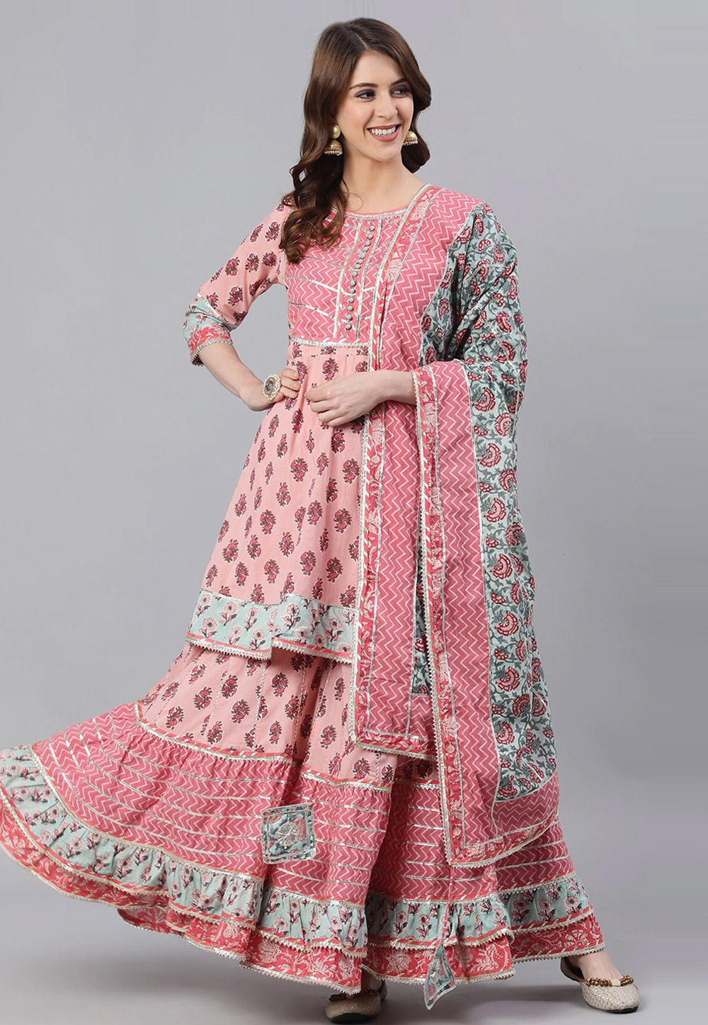Pink Cotton Readymade Printed Sharara Suit 243989