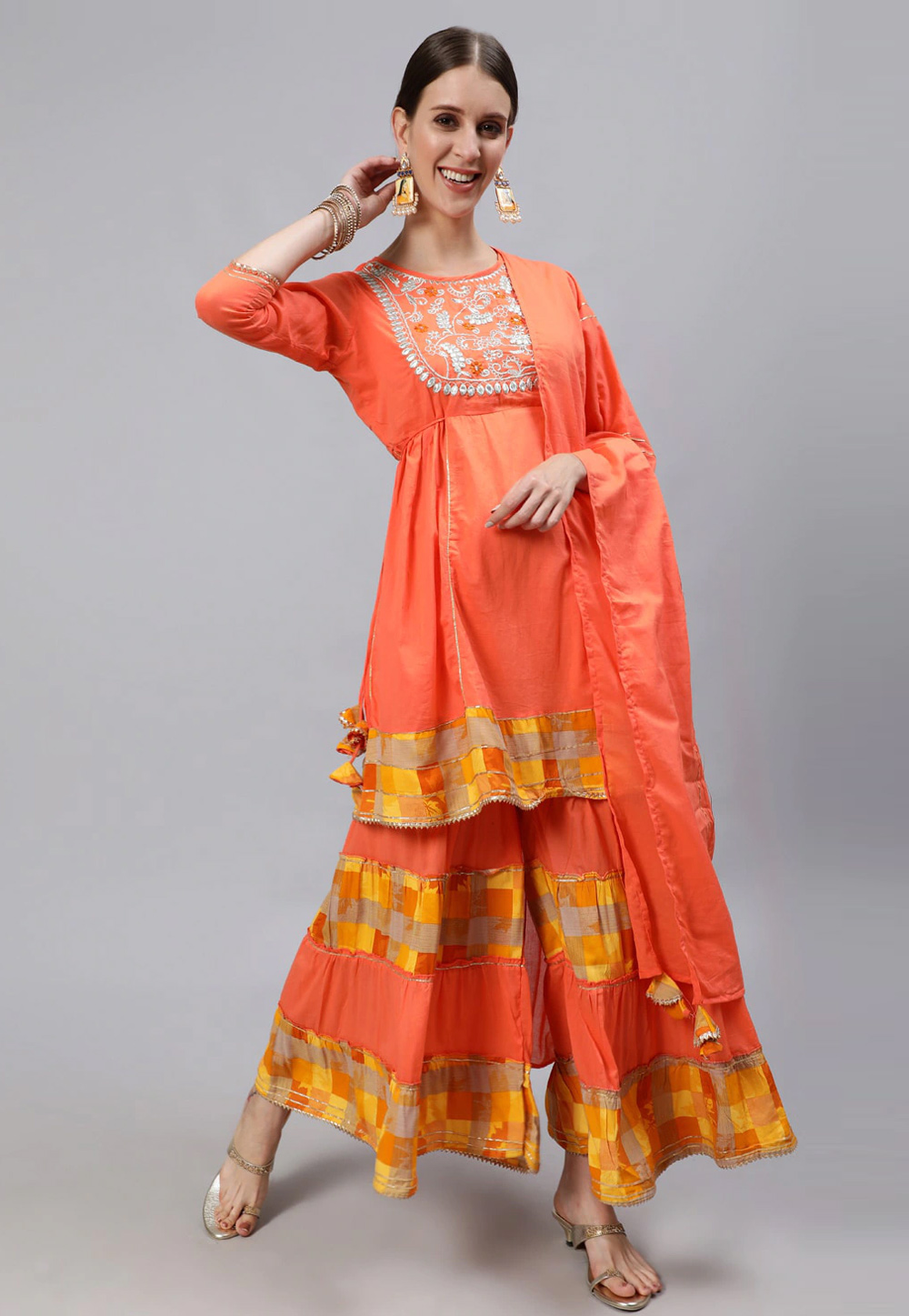 Orange Cotton Readymade Printed Sharara Suit 243993