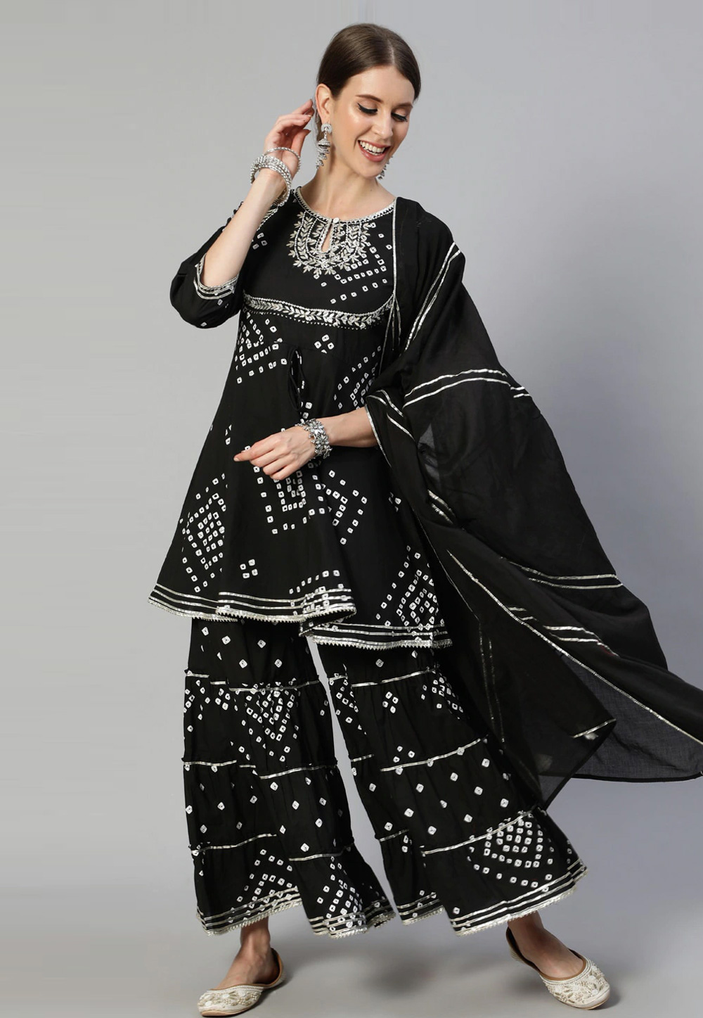 Black Cotton Readymade Printed Sharara Suit 243995