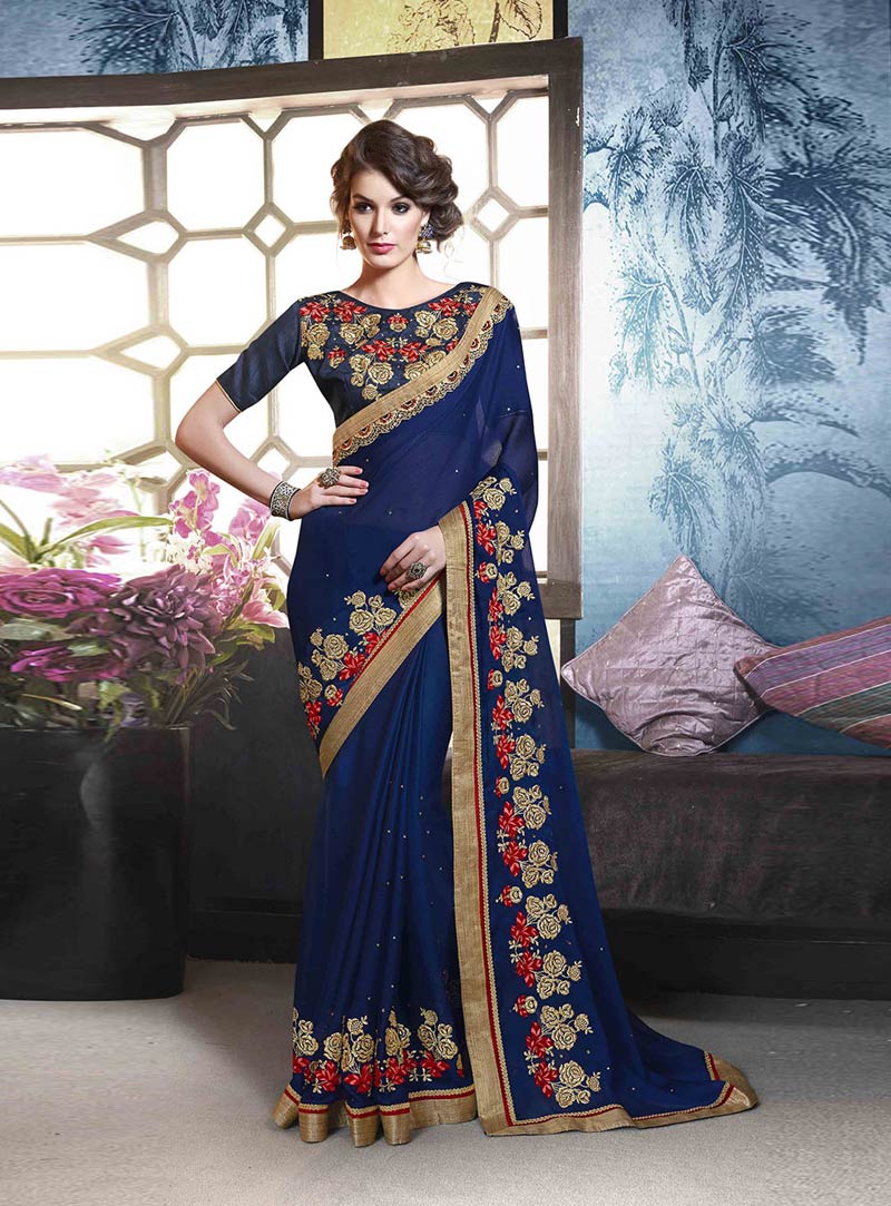 Blue Georgette Saree With Heavy Blouse 80912