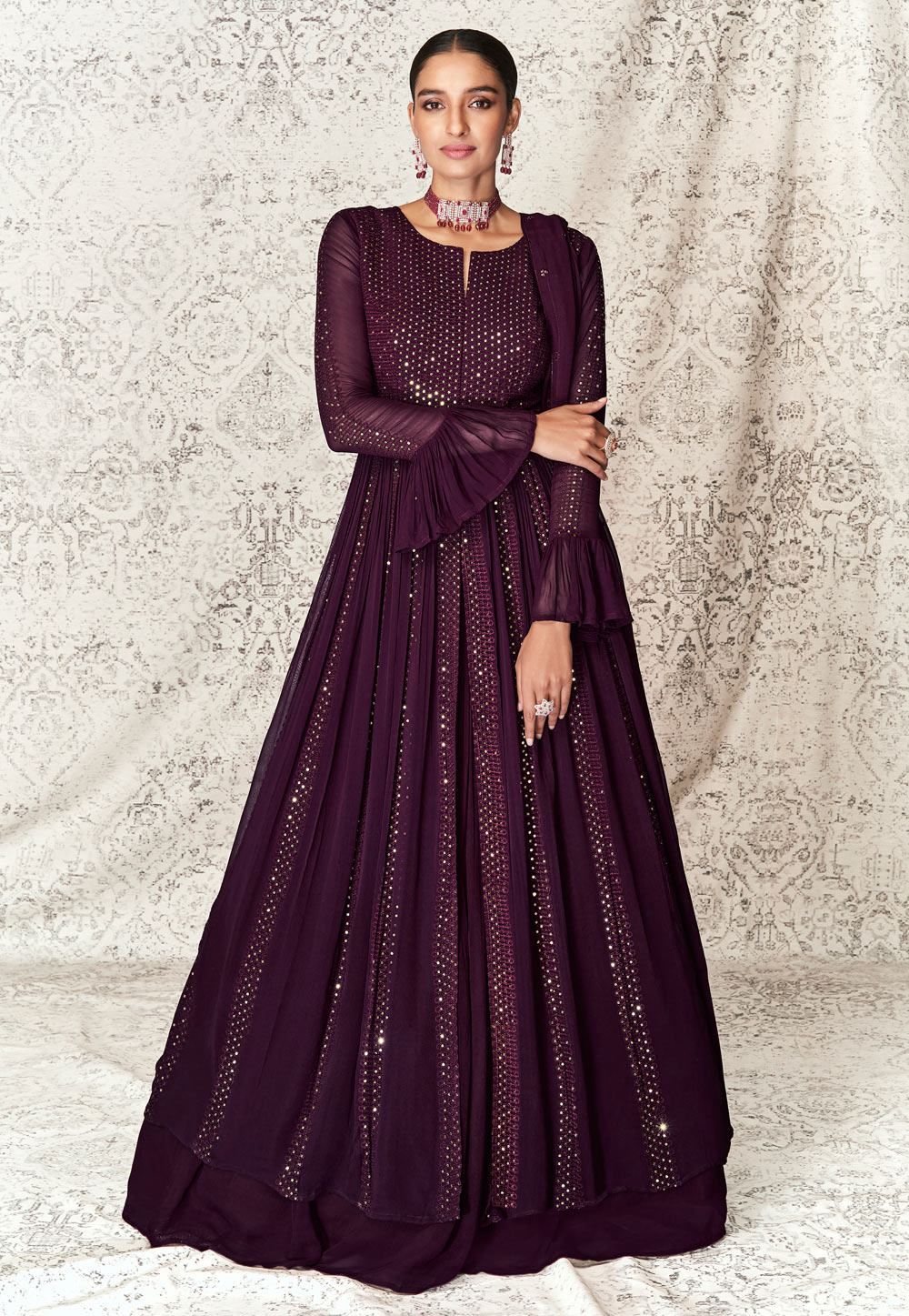 Purple Georgette Embroidered Indo Western Lehenga Choli 245945