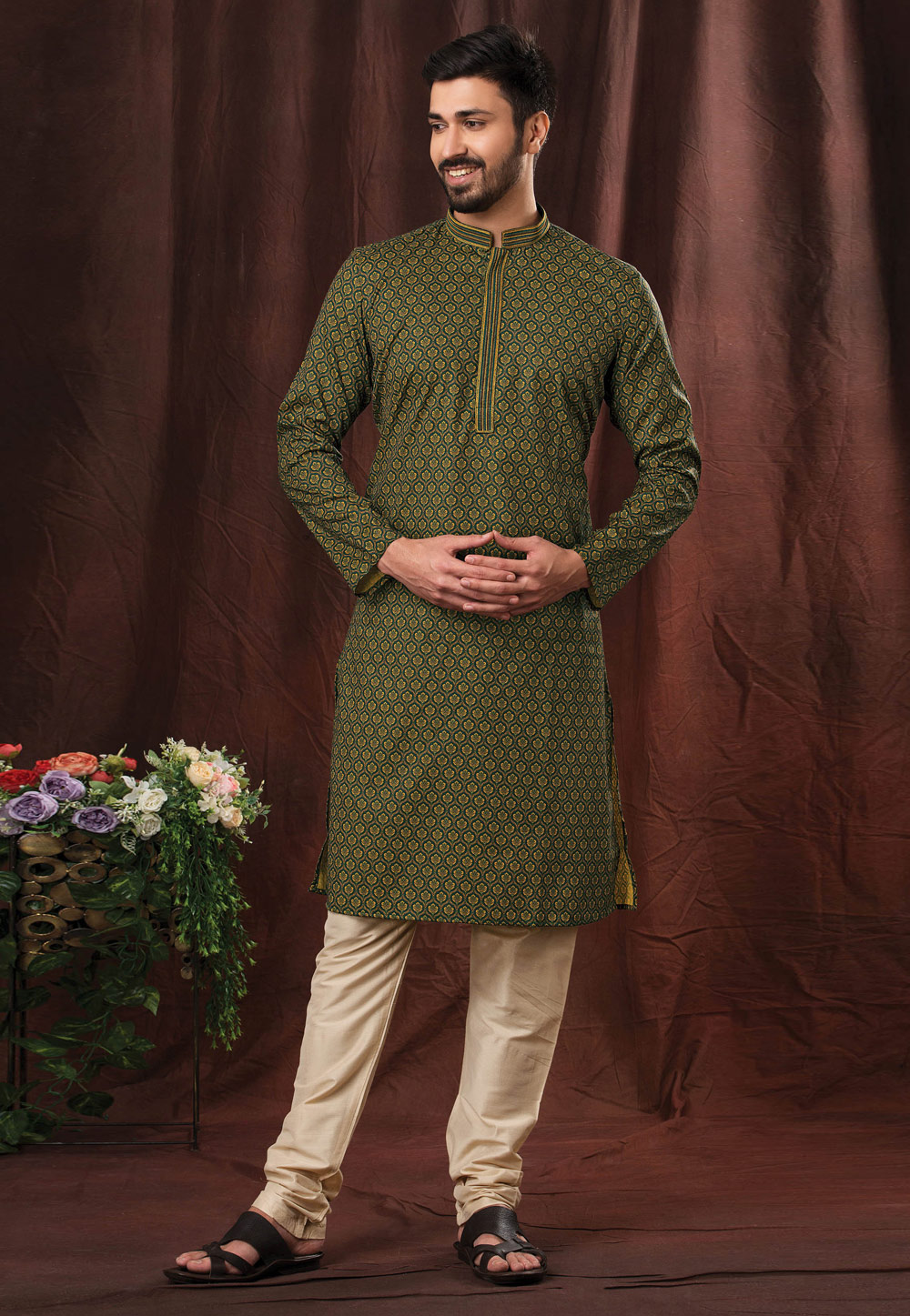 Green Cotton Printed Kurta Pajama 247242