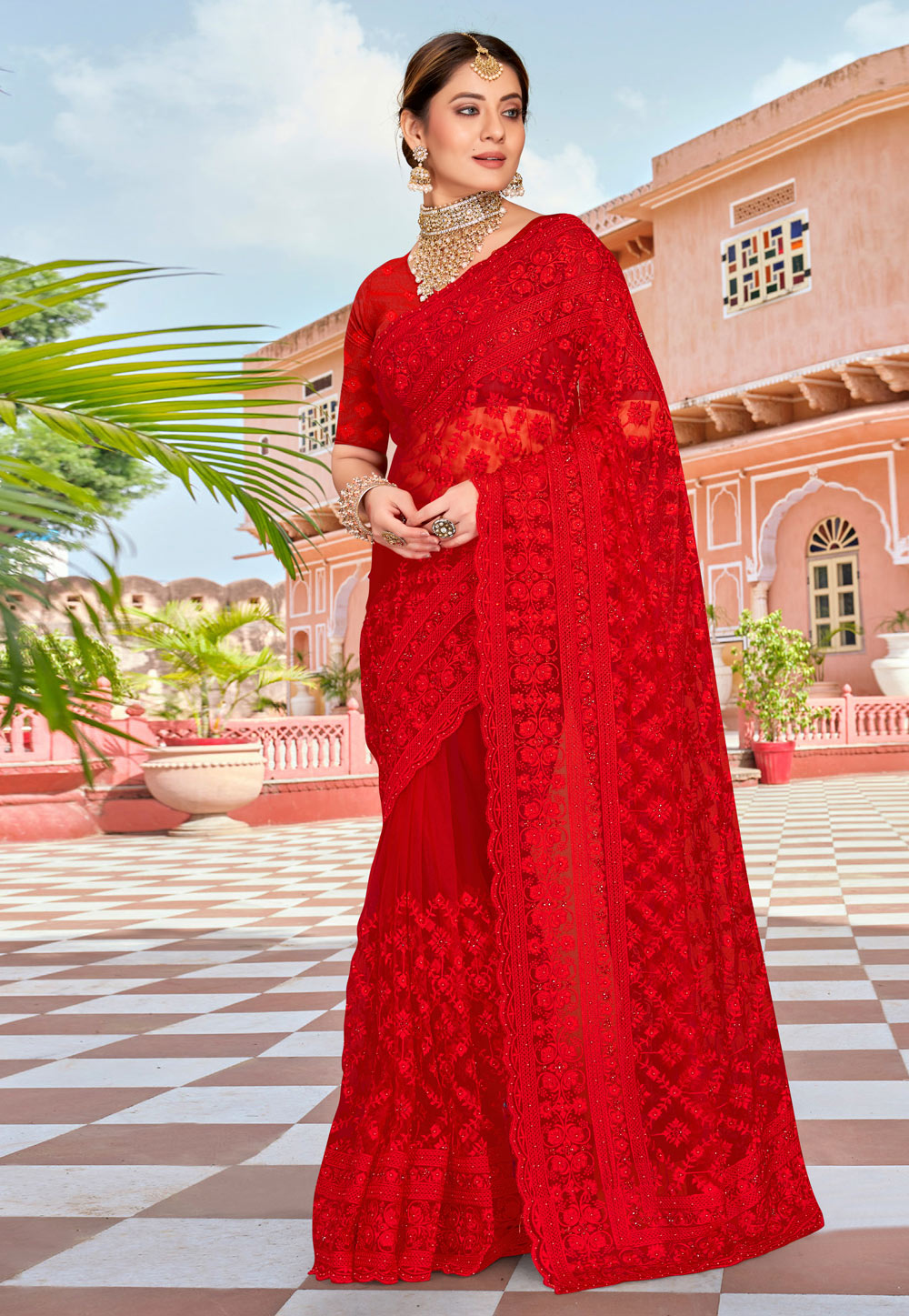 Red Net Saree With Blouse 250349