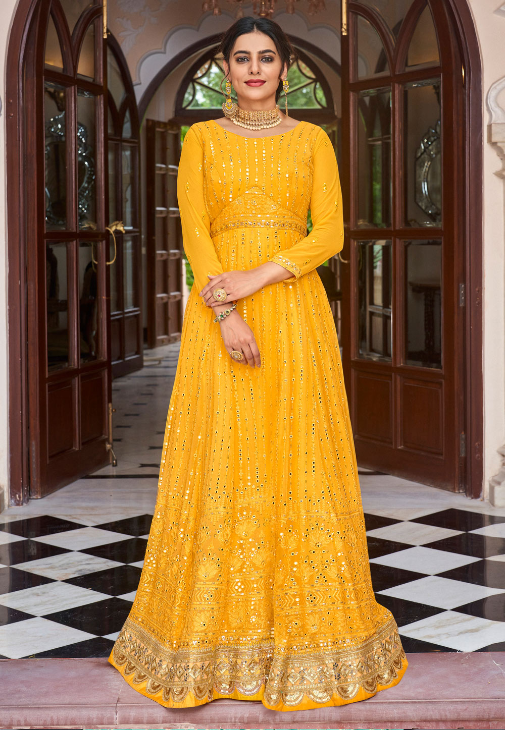 Yellow Georgette Abaya Style Anarkali Suit 249588