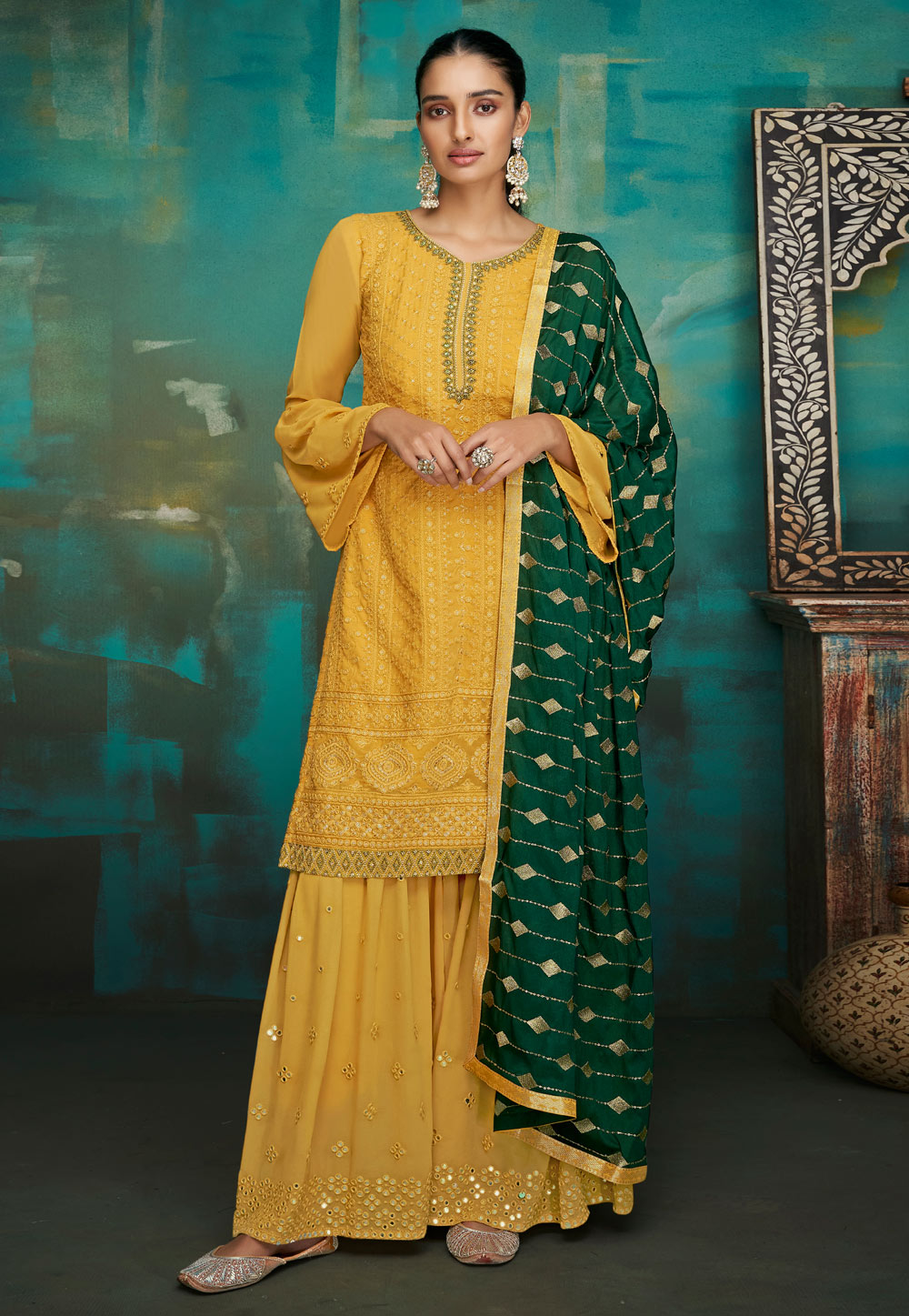 Yellow Faux Georgette Readymade Sharara Suit 237239