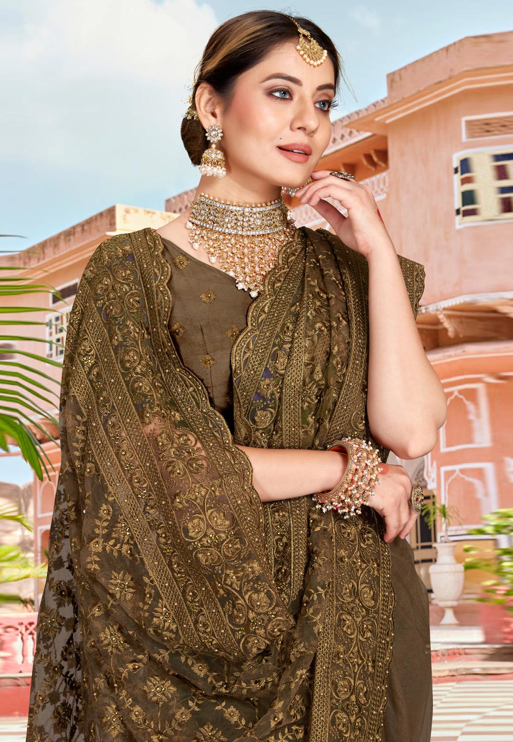 Classy brown chiffon and satin border saree which is adorned with golden  lace work in the horizontal panel and contrast black p… | Saree designs,  Satin saree, Saree