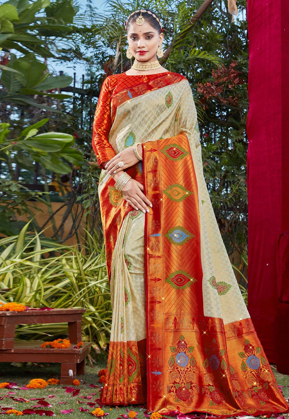 Beige Brocade Saree With Blouse 264846