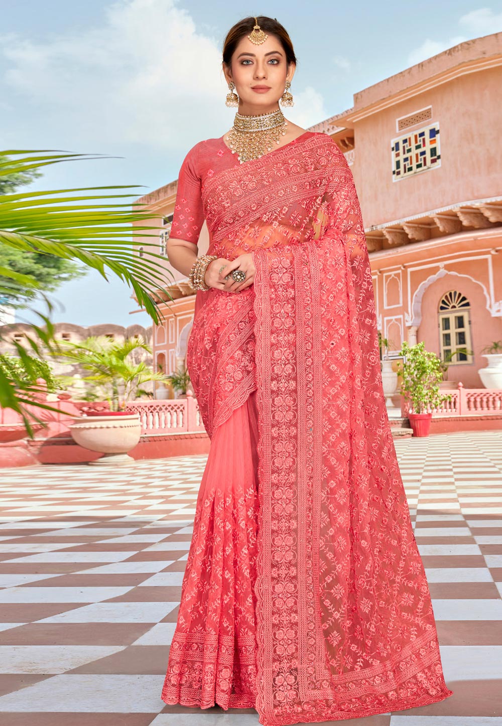 Pink Net Saree With Blouse 250353