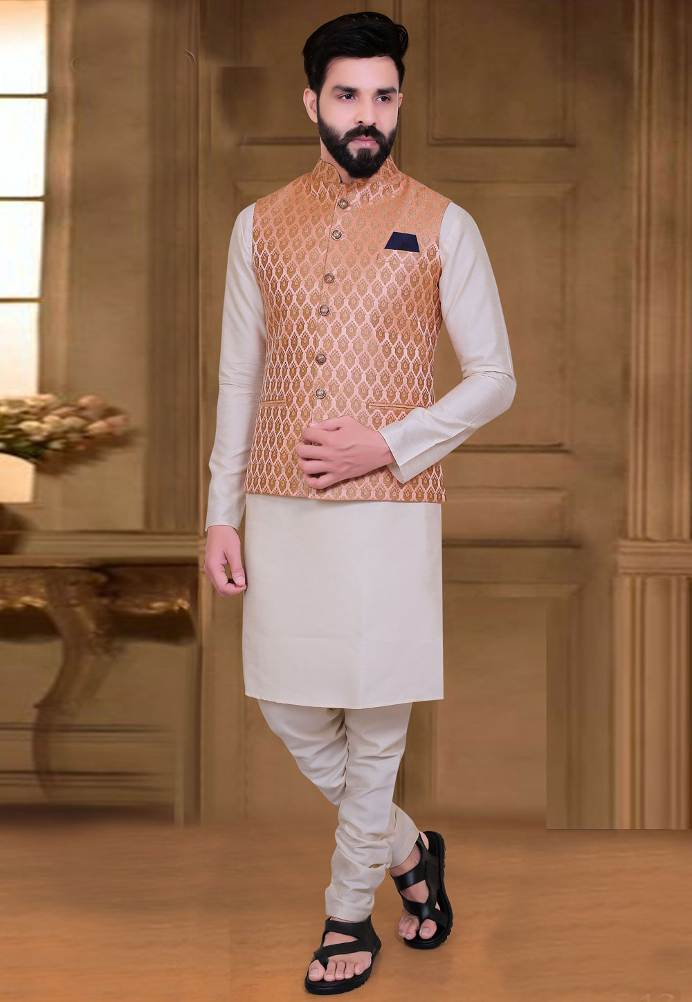 Buy See Designs Men Off White Kurta Pajama And Yellow Sequence Woven Design  Nehru Jacket - SD2NJRPT_27701XS at Amazon.in
