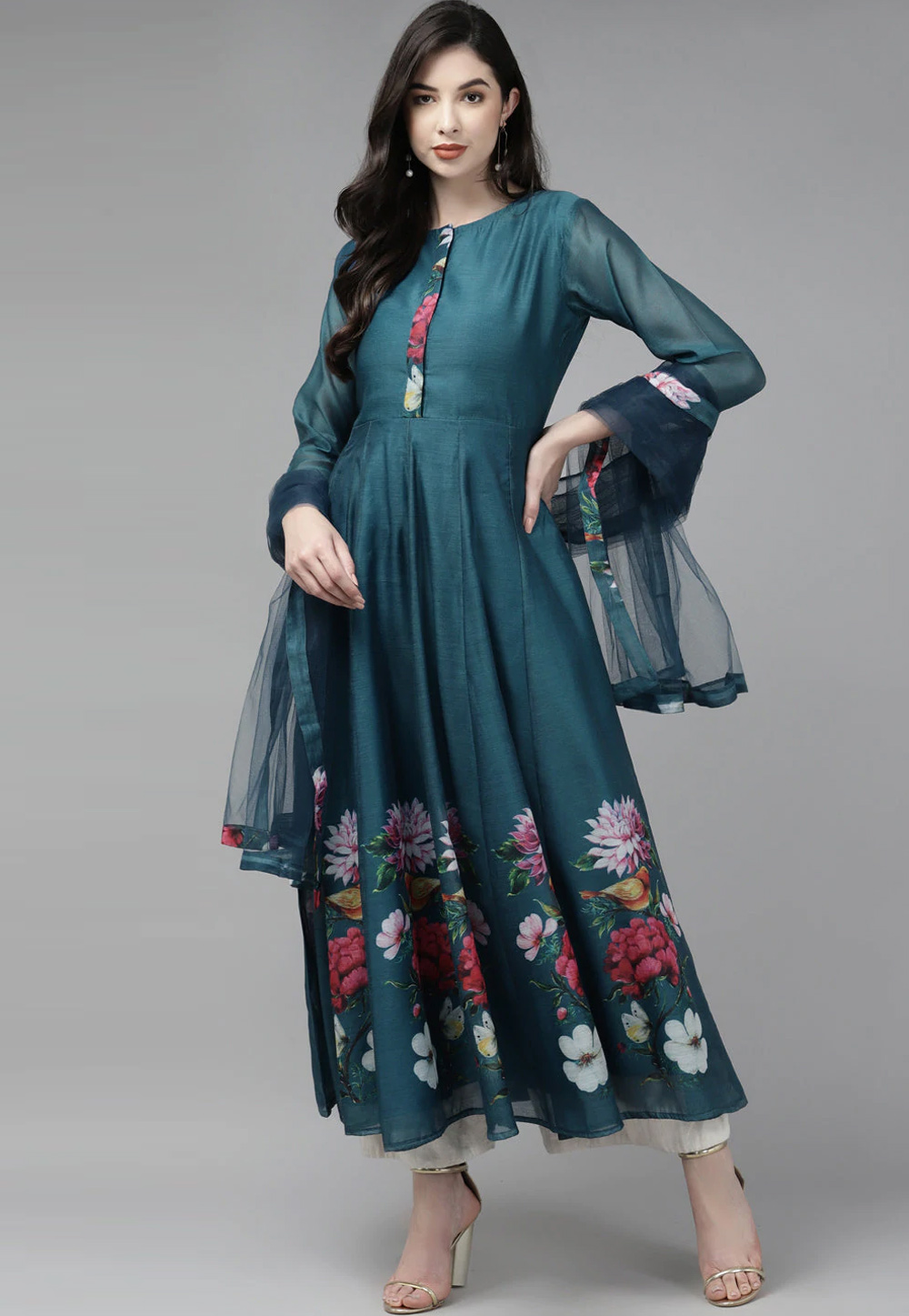 Teal Chanderi Silk Floral Print Gown 244335