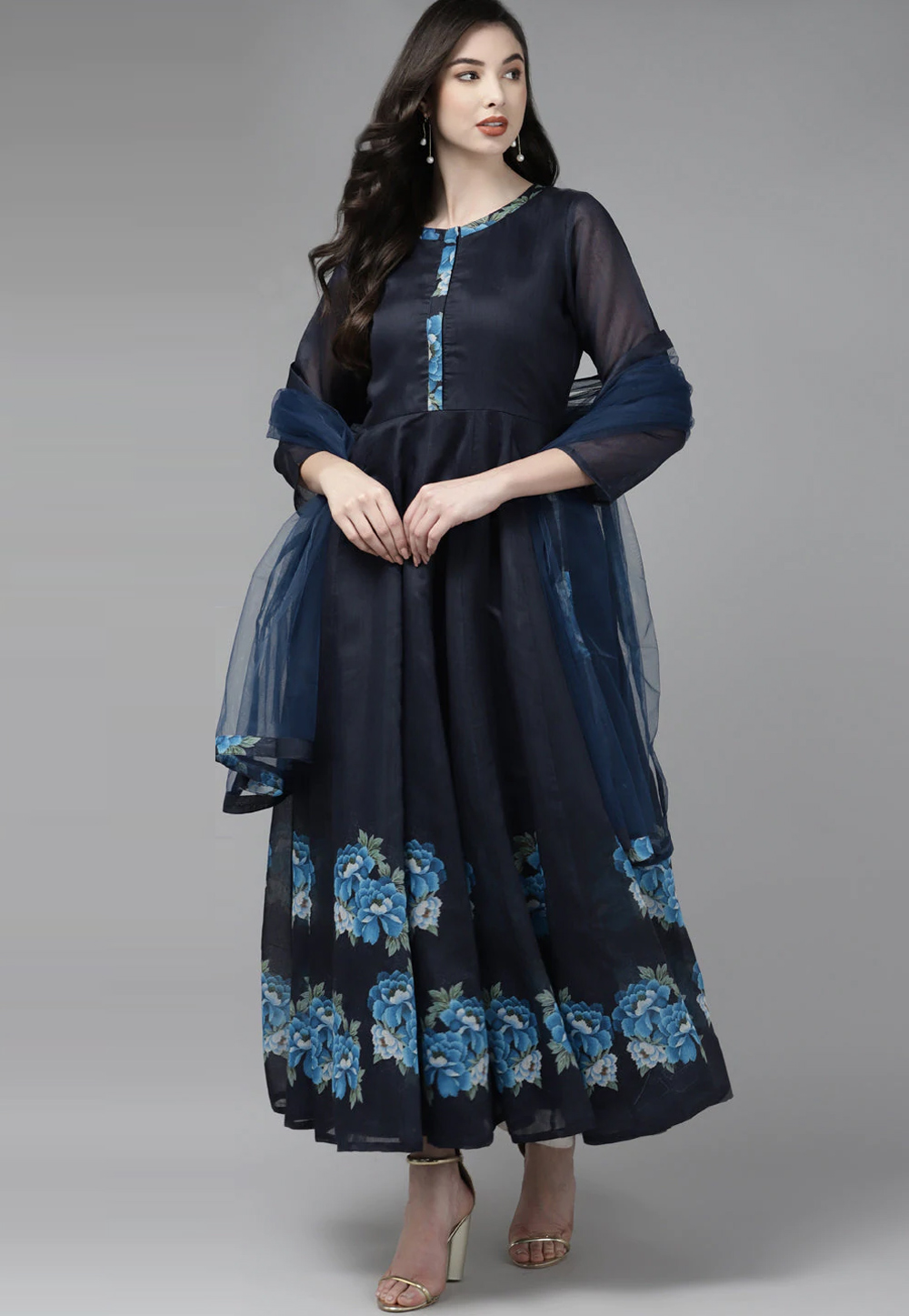 Navy Blue Chanderi Silk Floral Print Gown 244336