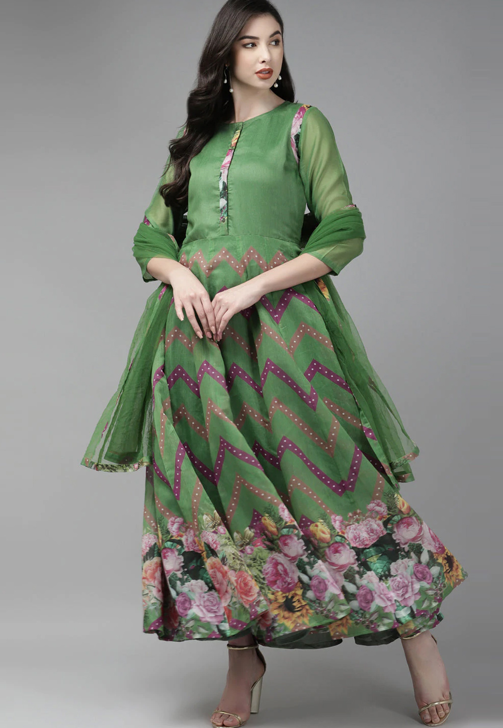 Green Chanderi Silk Floral Print Gown 244337