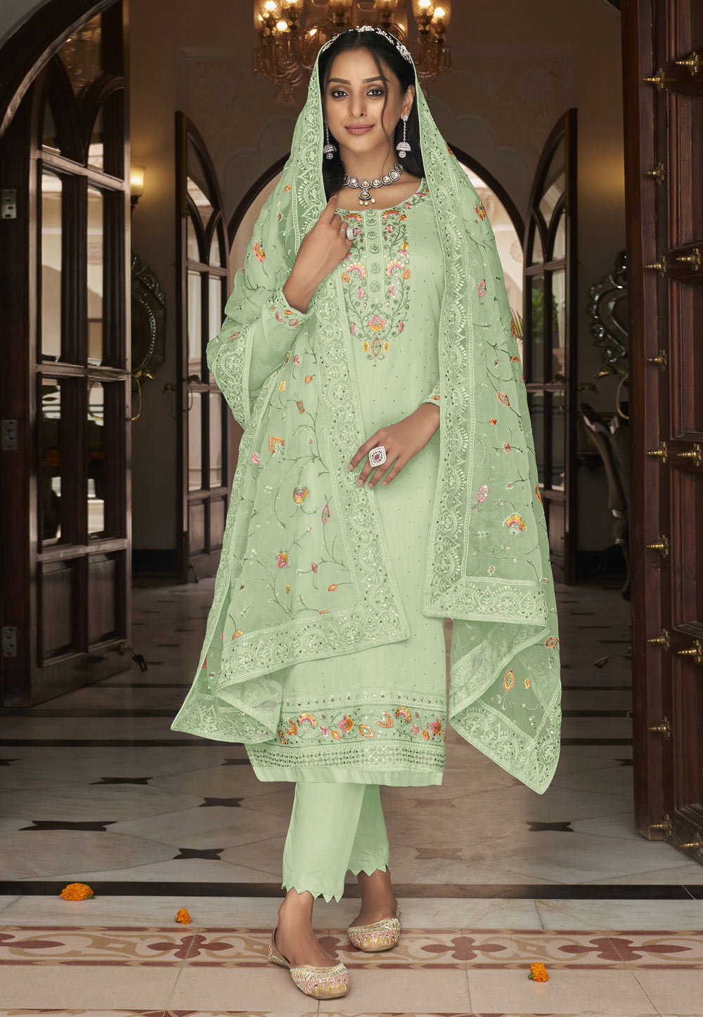 Pista Green Faux Georgette Pakistani Suit 259983