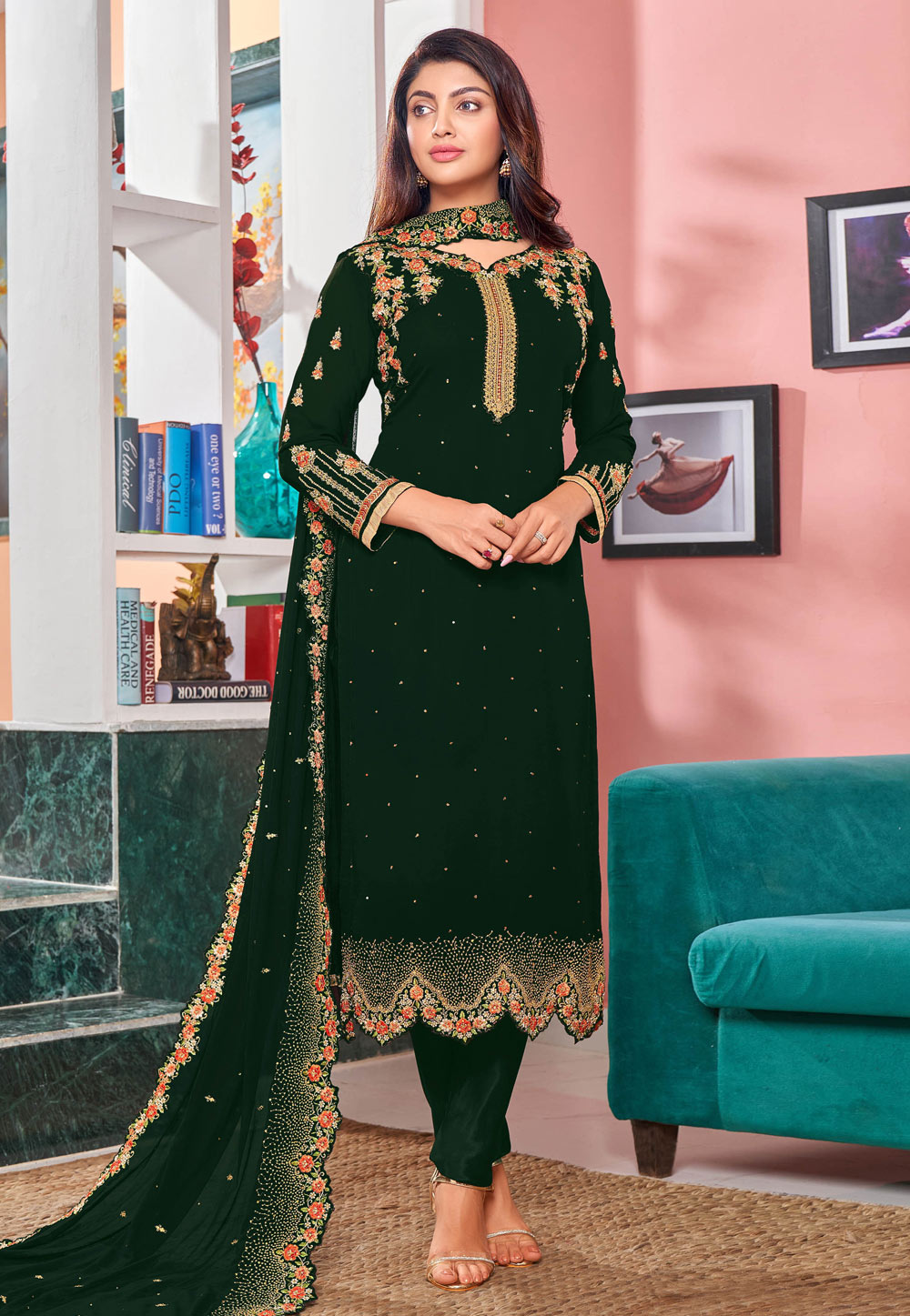 Green Faux Georgette Kameez With Pant 244762