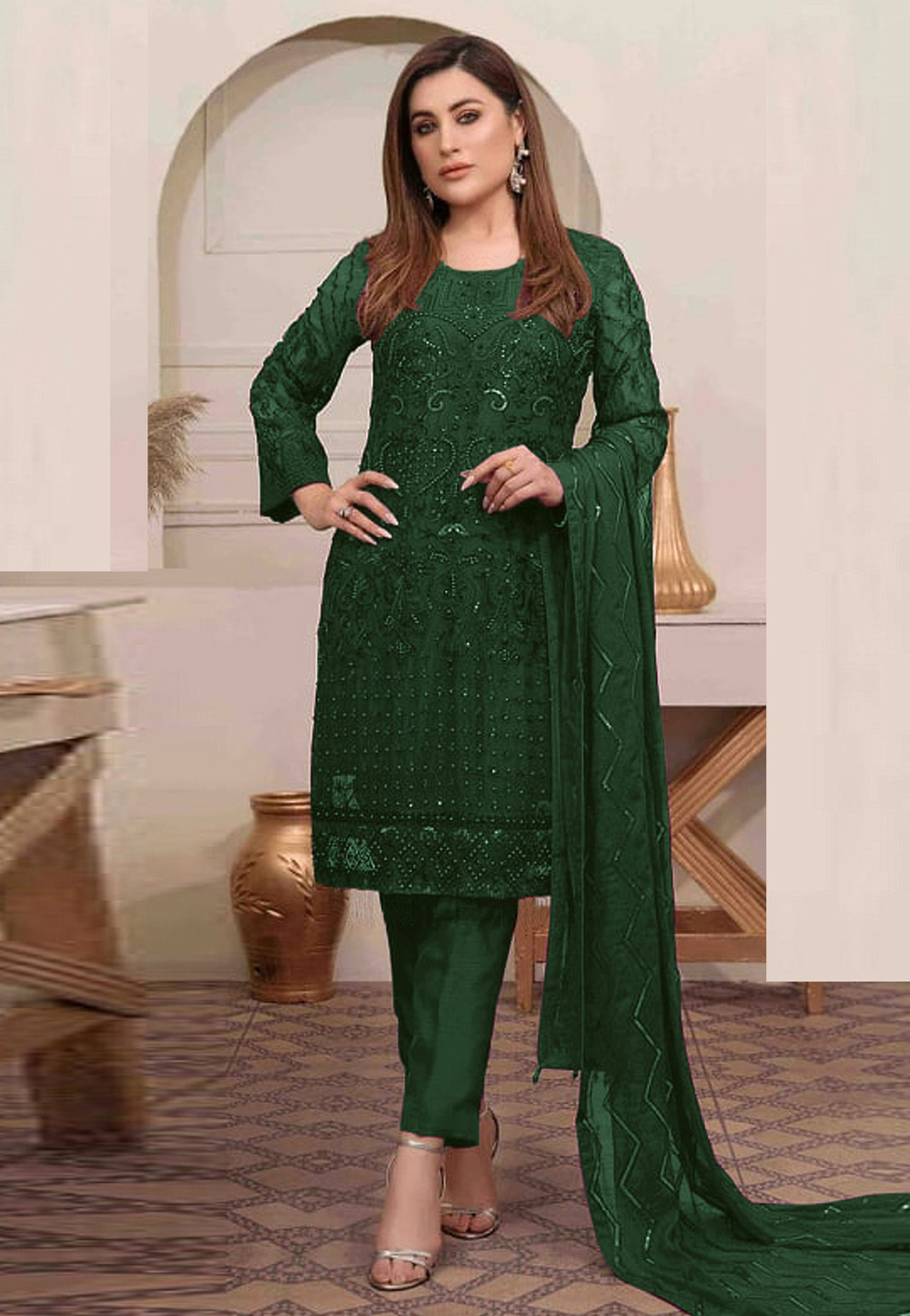 Green Georgette Pant Style Suit 244542