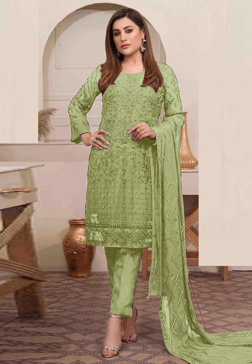Pista Green Georgette Pant Style Suit 244548