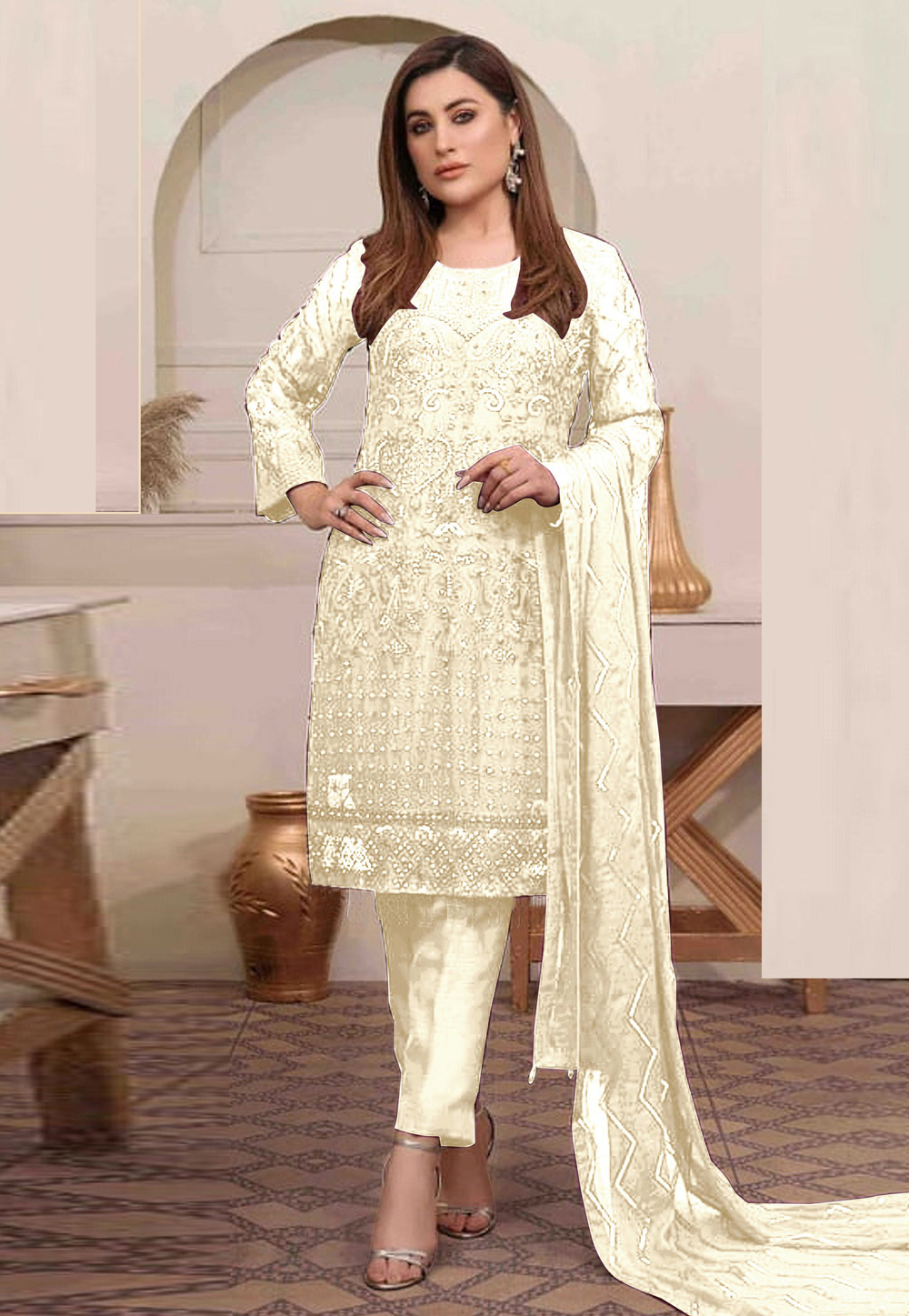 Off White Georgette Pant Style Suit 244550
