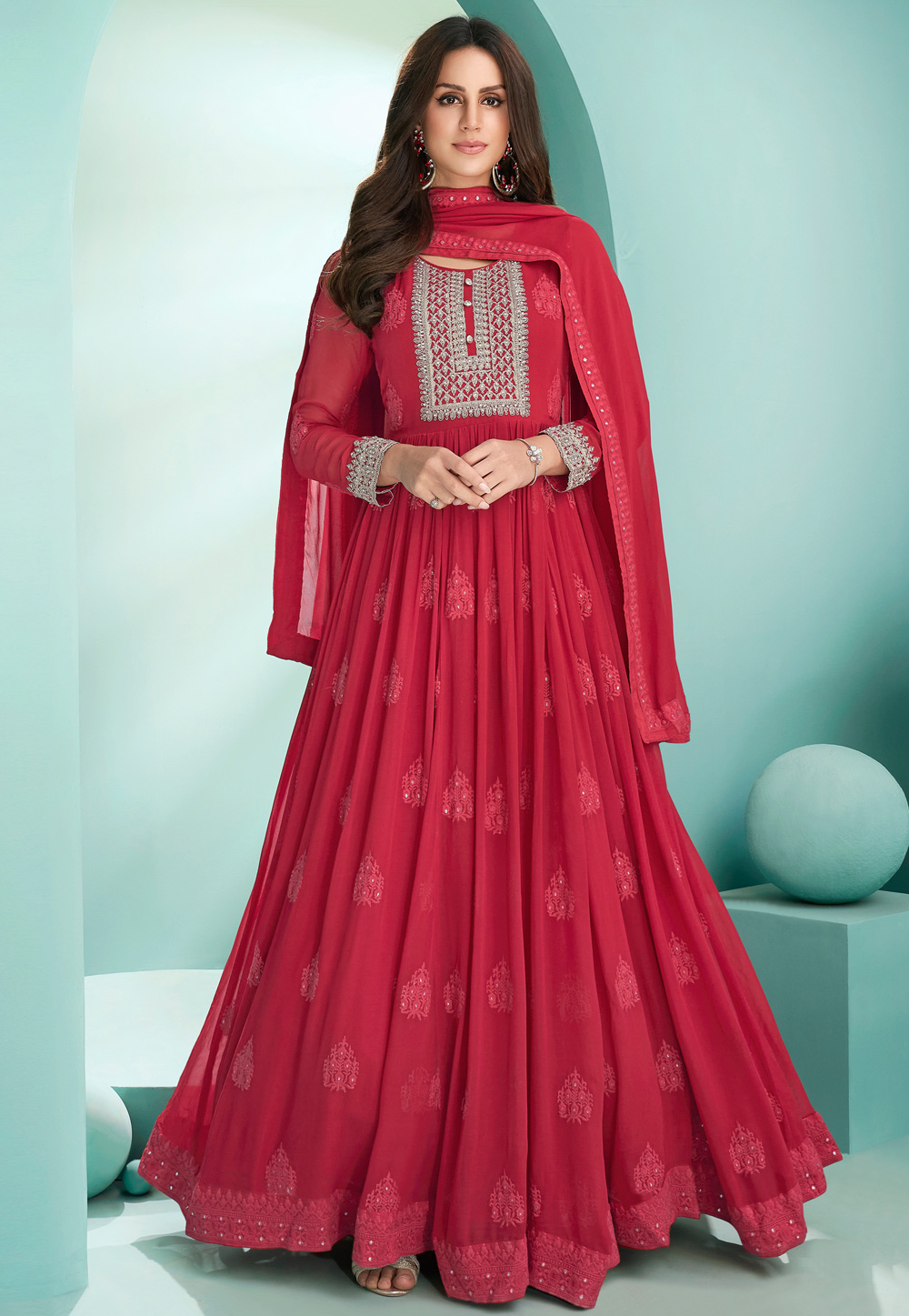 Red Faux Georgette Abaya Style Anarkali Suit 237281