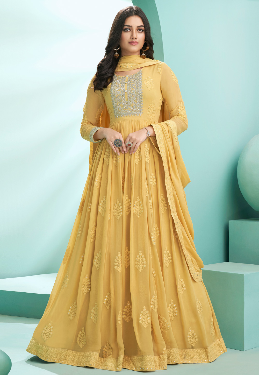 Yellow Faux Georgette Abaya Style Anarkali Suit 237283