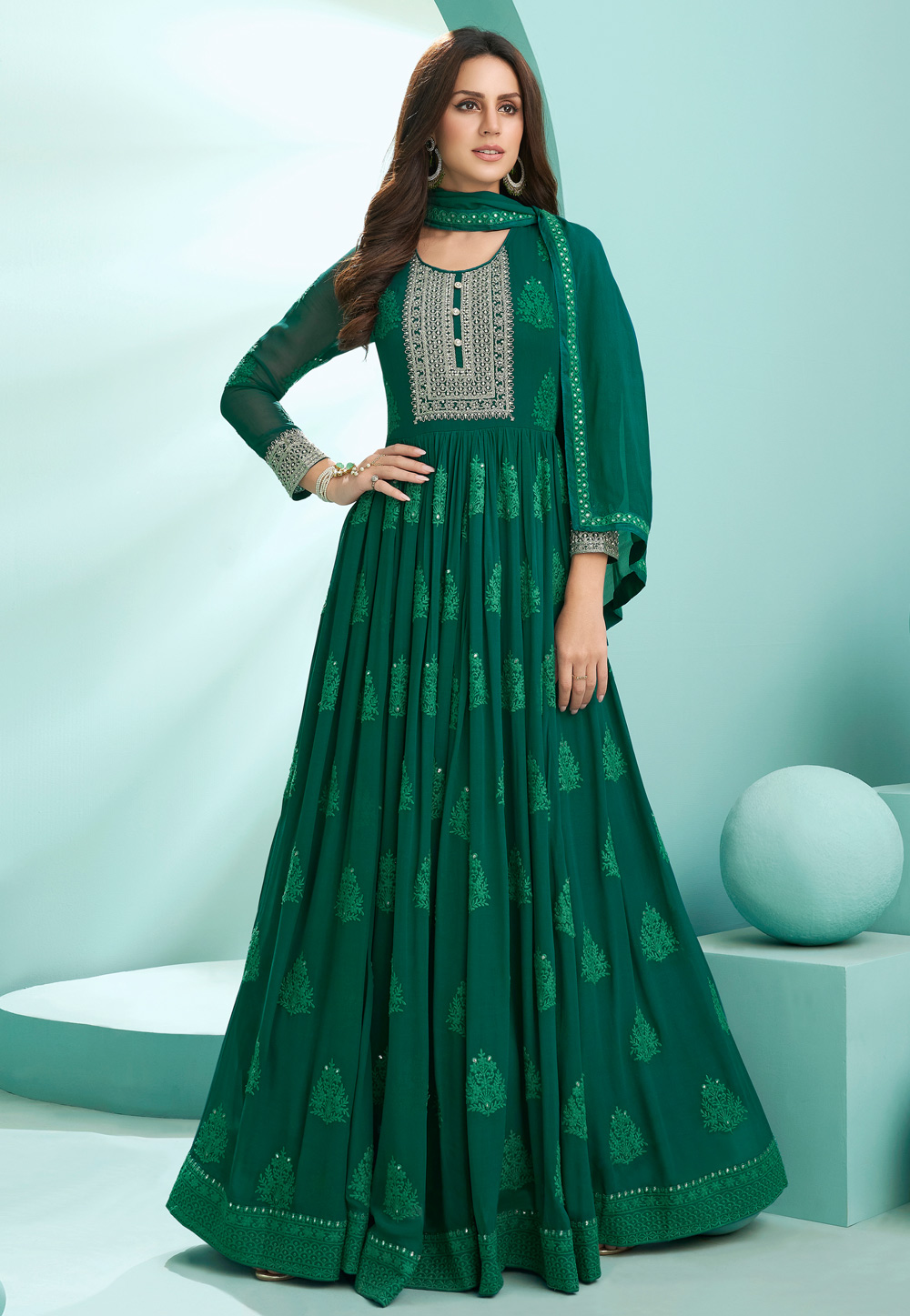 Green Faux Georgette Abaya Style Anarkali Suit 237285