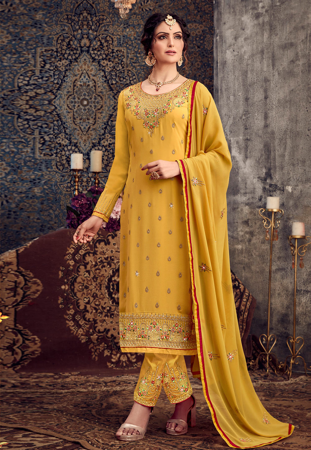 Yellow Georgette Pant Style Suit 244768
