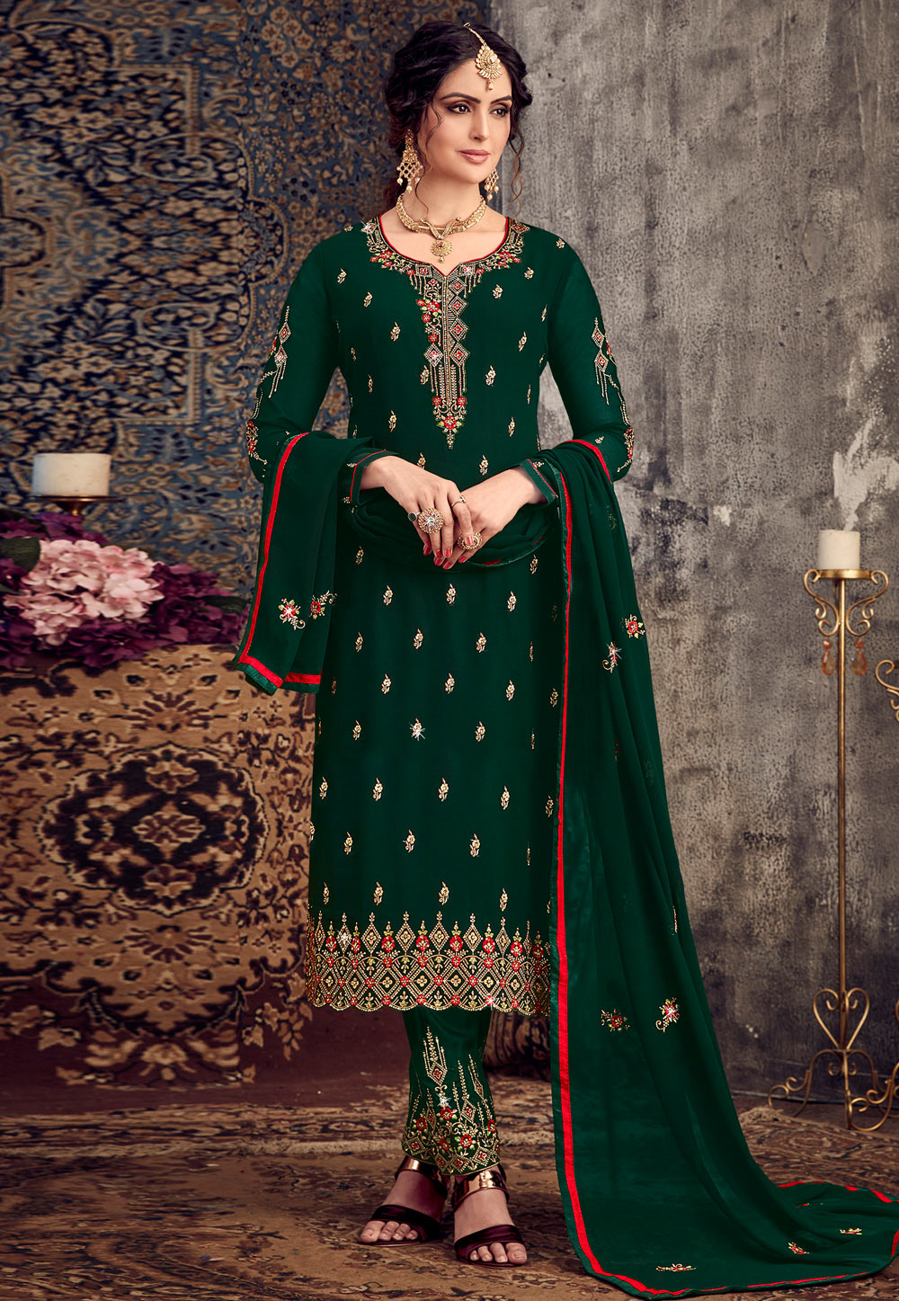 Green Georgette Pant Style Suit 244770