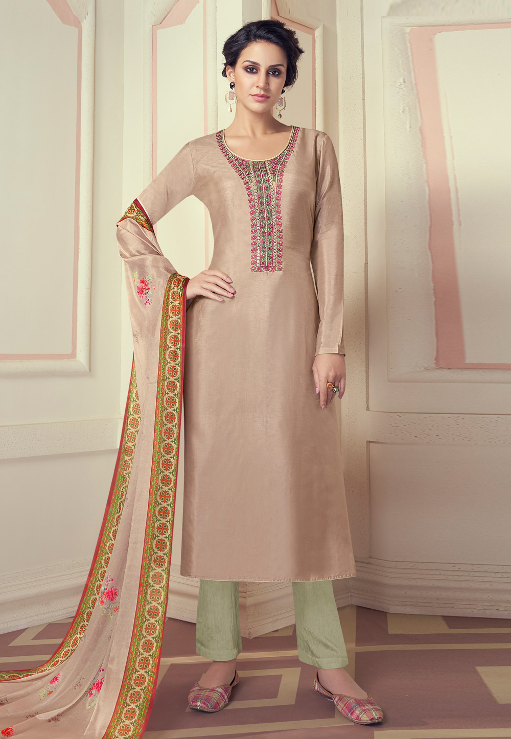 Beige Viscose Readymade Pant Style Suit 237267